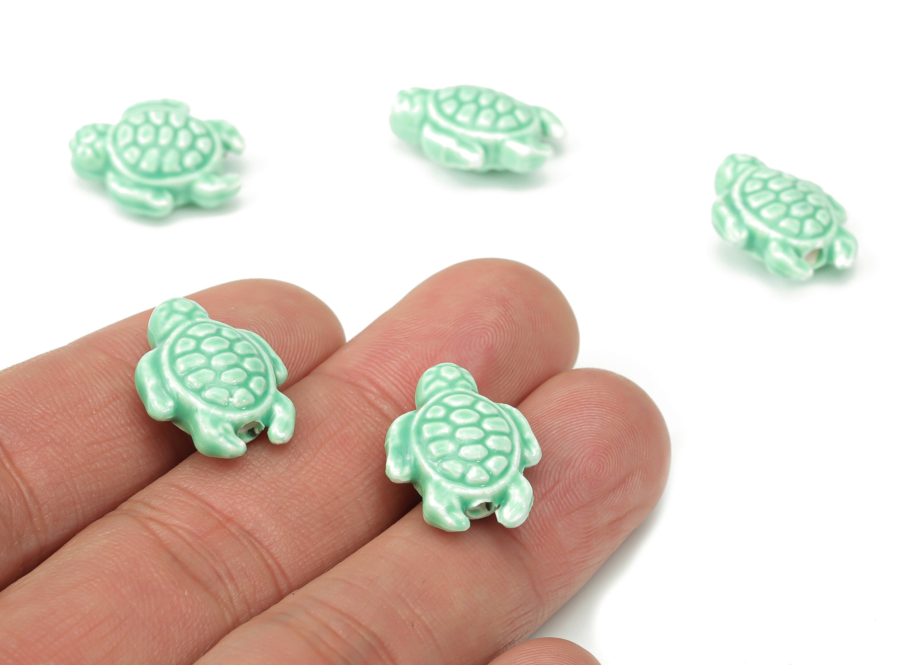 Glazed Ceramic Turtle Beads - Green Carved Turtle Beads - Handmade Beads - Bracelet Beads - Connectors Beads - 18.86x14.95x8.13mm - NS1836C - DOMEDBAZAAR