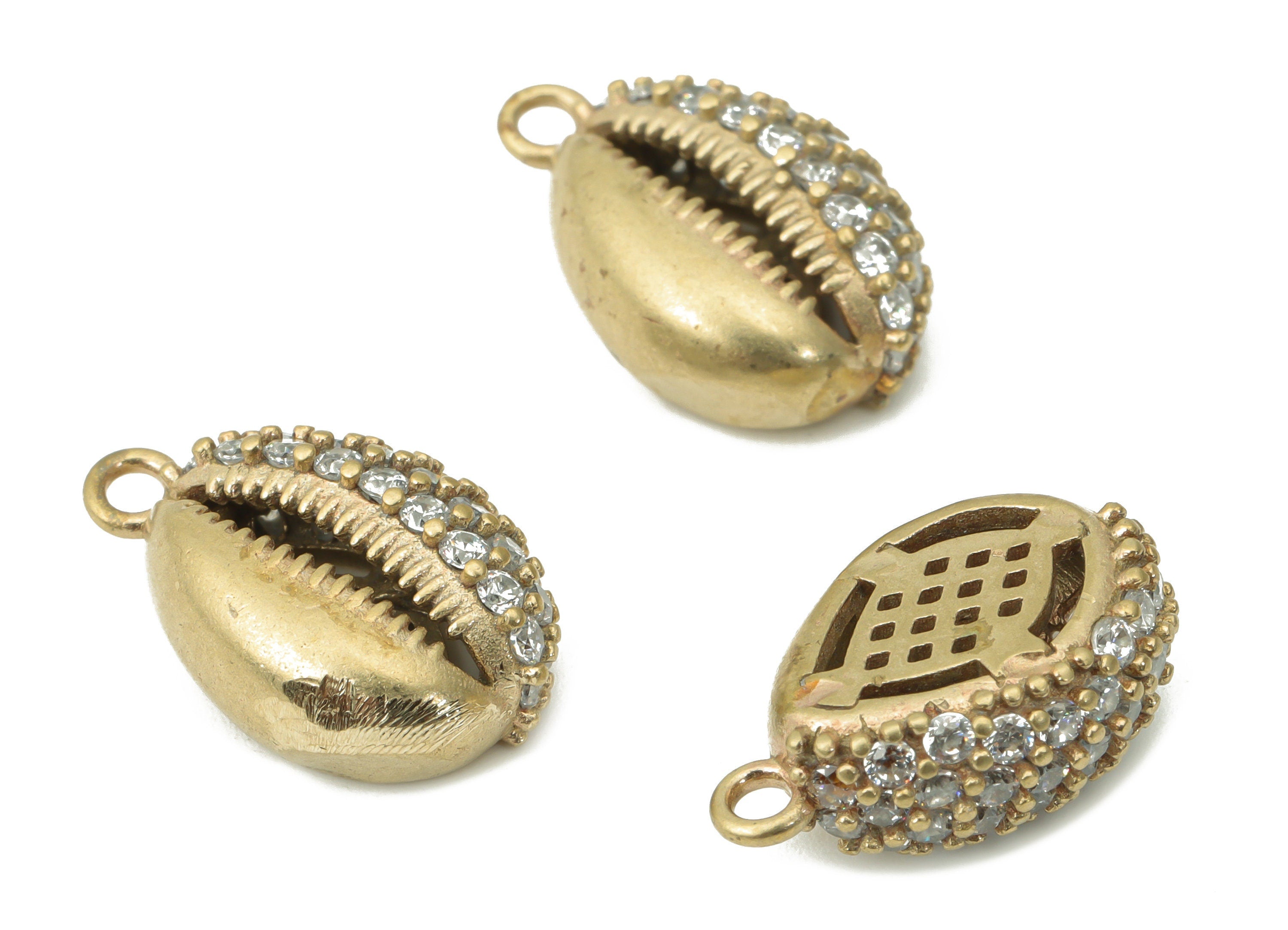 Brass Cowrie Seashell Earring Charms with Zircons - Raw Brass Shell Pendant - Jewelry Making Supplies - 15.96x10.36x5.52mm - PP5268 - DOMEDBAZAAR