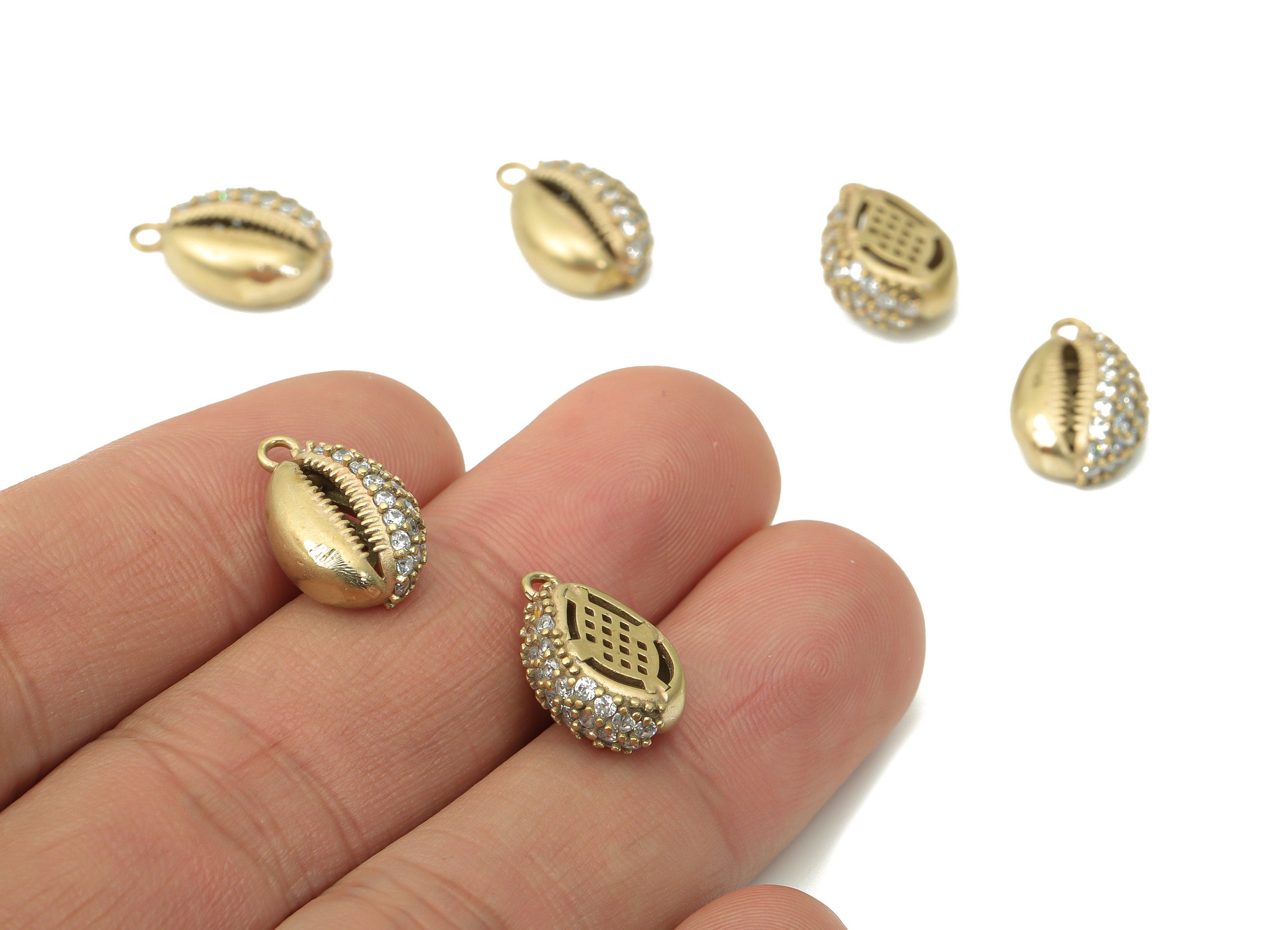 Brass Cowrie Seashell Earring Charms with Zircons - Raw Brass Shell Pendant - Jewelry Making Supplies - 15.96x10.36x5.52mm - PP5268 - DOMEDBAZAAR