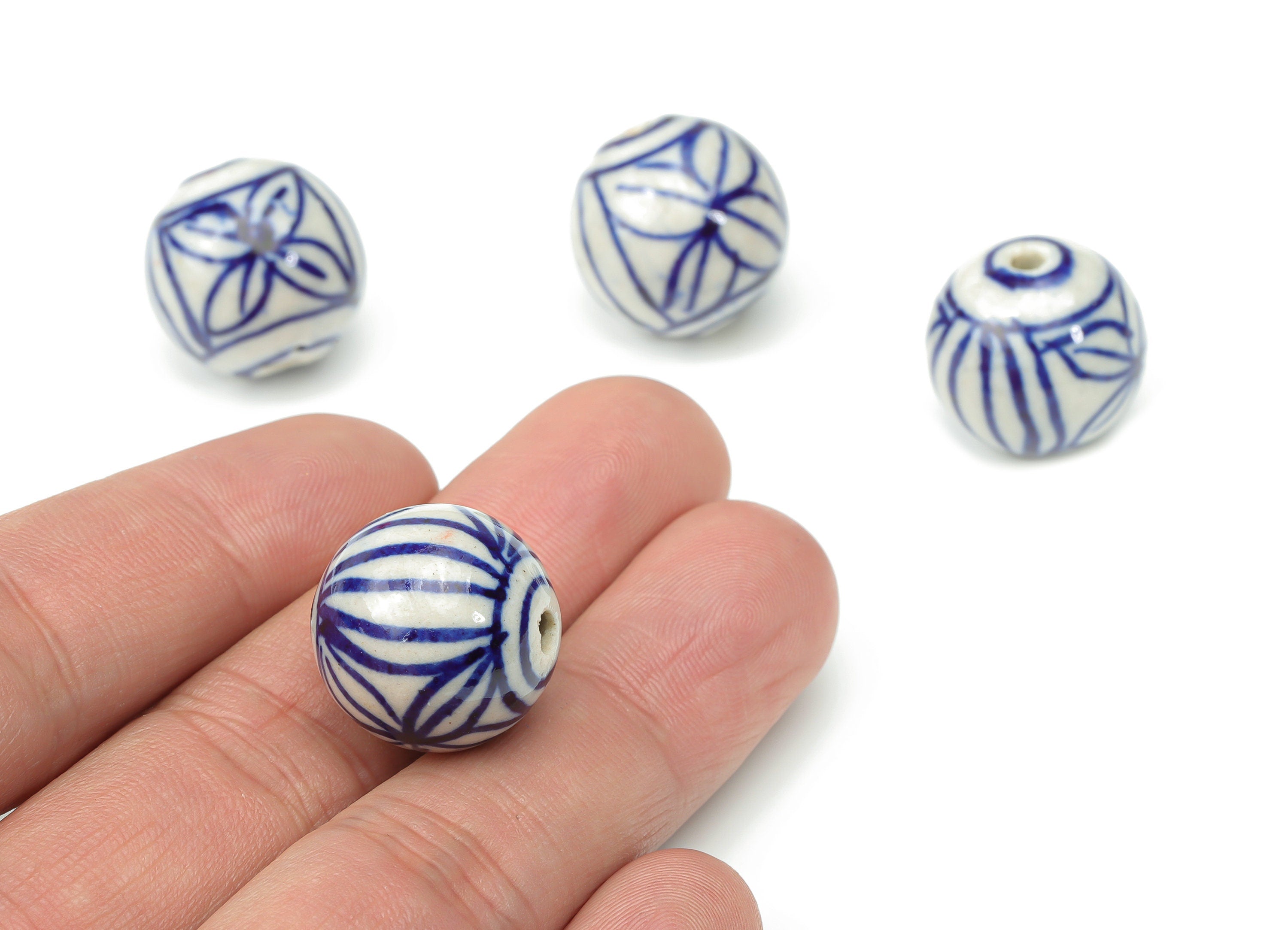 Glazed Ceramic Big Ball Beads - Carved Flower Ball Beads - Handmade Beads - Bracelet Connectors Making Beads - 17.46x18.17x18.17mm - NS1829 - DOMEDBAZAAR