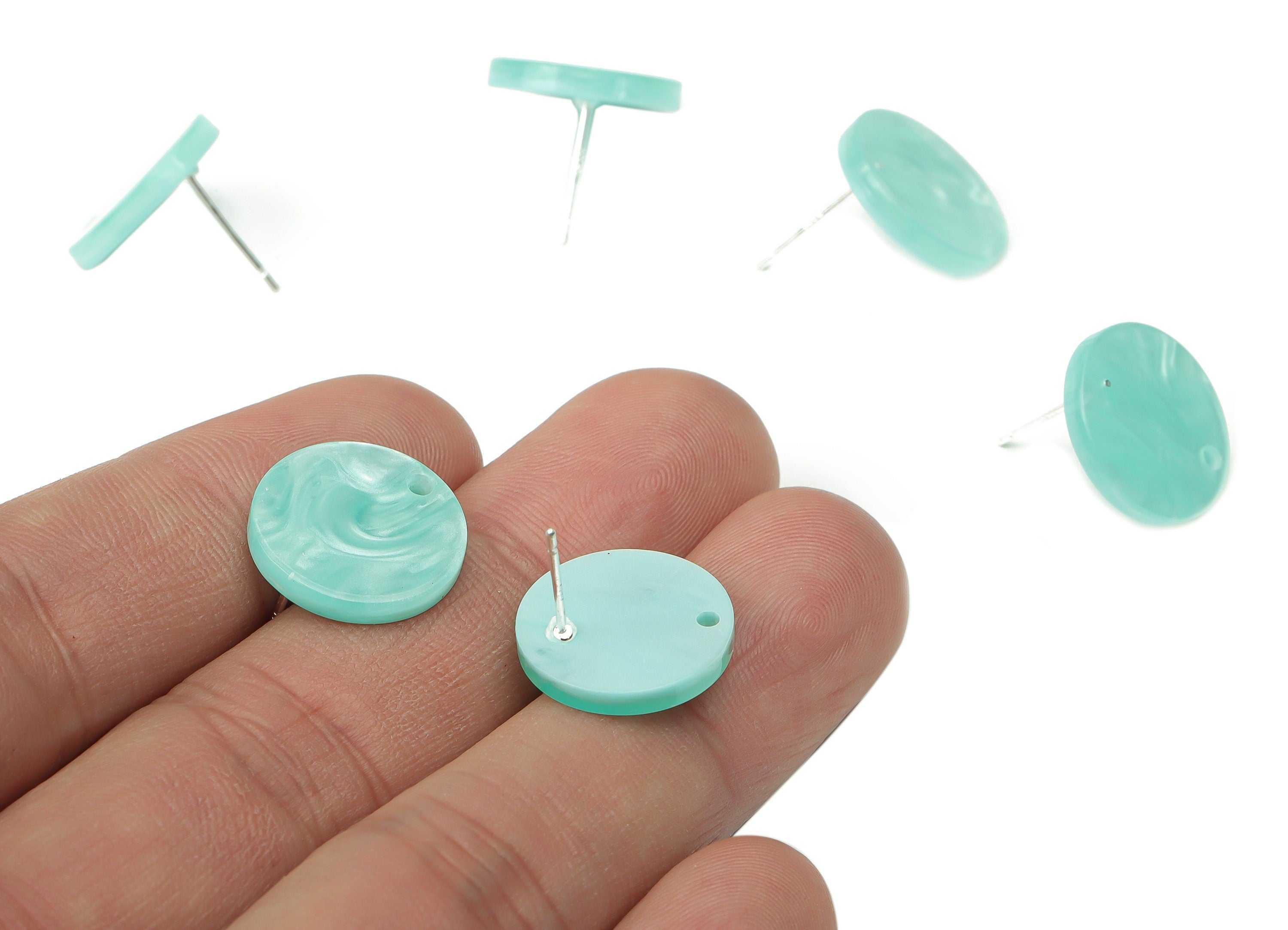 Acrylic Round Earring Stud – Green Acrylic Circle Post - Silver Plated Cupronickel Stud - Jewelry Supplies - 15.5x15.5x2.29mm - AC2485C - DOMEDBAZAAR