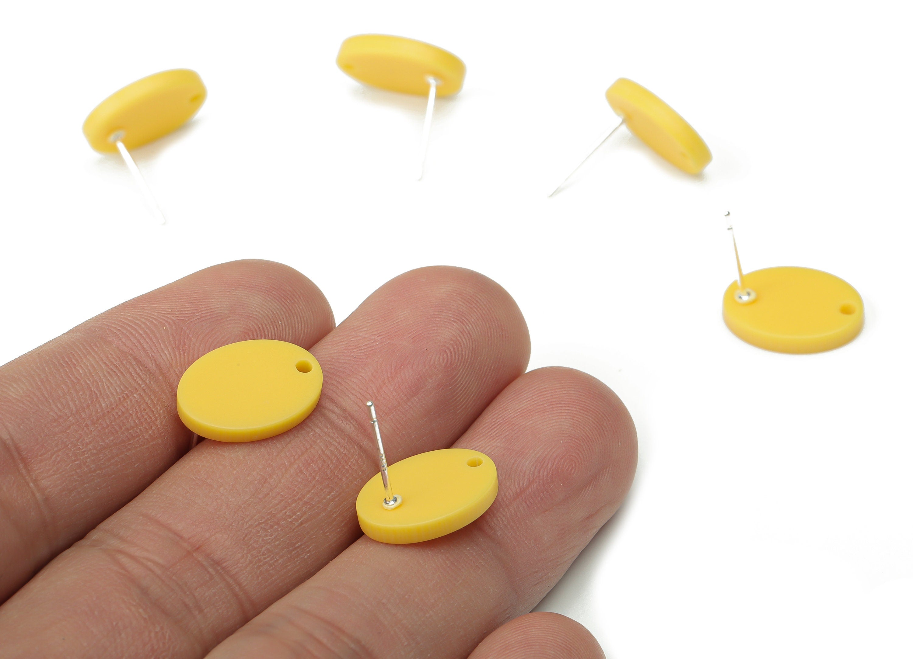 Acrylic Oval Earring Stud – Yellow Matte Acrylic Oval Post - Silver Plated Cupronickel Stud - Jewelry Supplies - 14.63x10.9x2.26mm - AC2488C - DOMEDBAZAAR