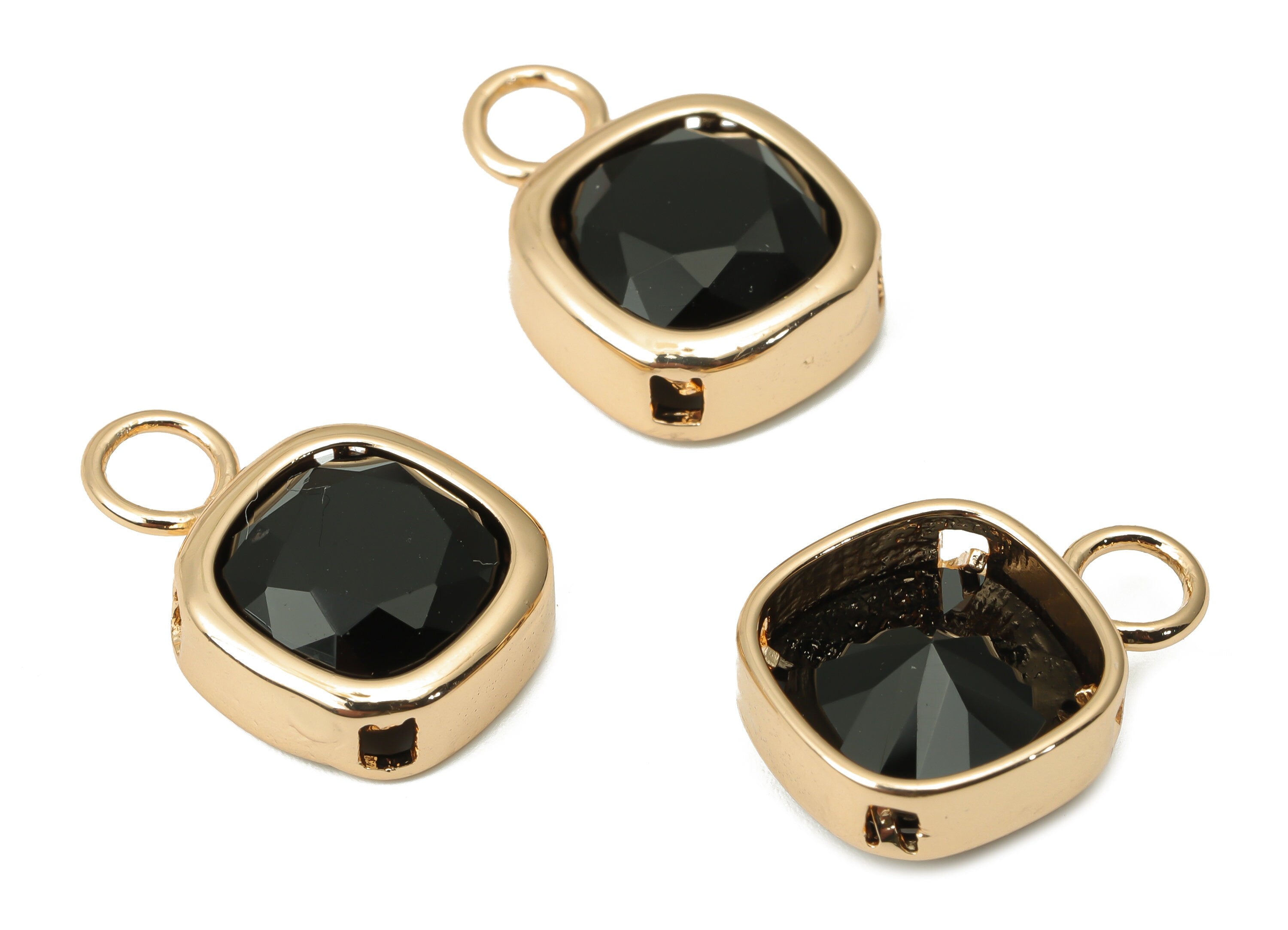 Glass Square Earring Charms with Loop - Black Brass Square Frame Pendant - Gold Tone Plated Brass - Faceted Glass - 17x12.03x5.1mm - GS1123G - DOMEDBAZAAR