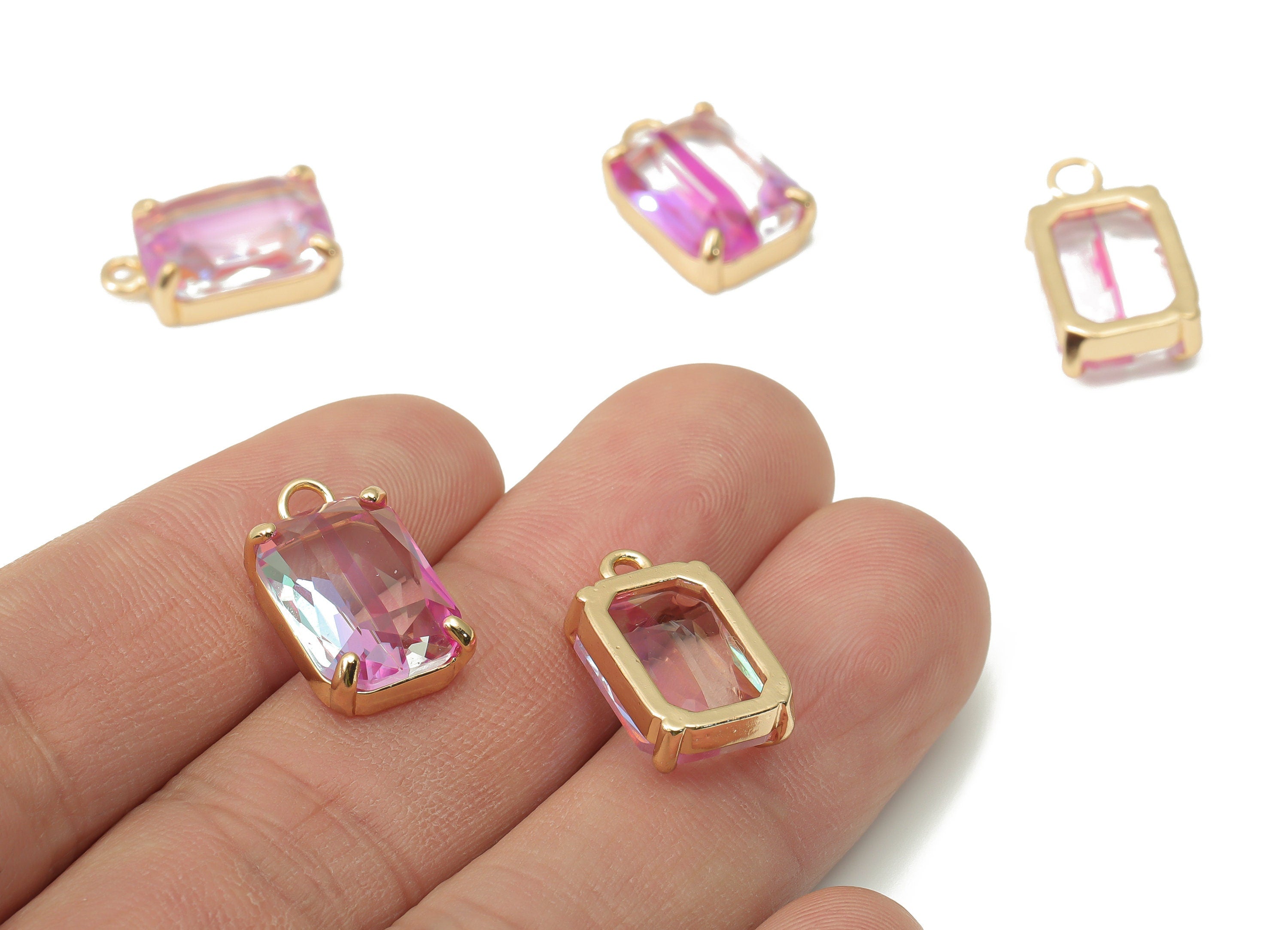 Glass Square Earring Charms with Loop - Brass Frame Square Pendant - Gold Tone Plated Brass – Faceted Glass - 16.8x10.25x5.66mm – GS1129F - DOMEDBAZAAR