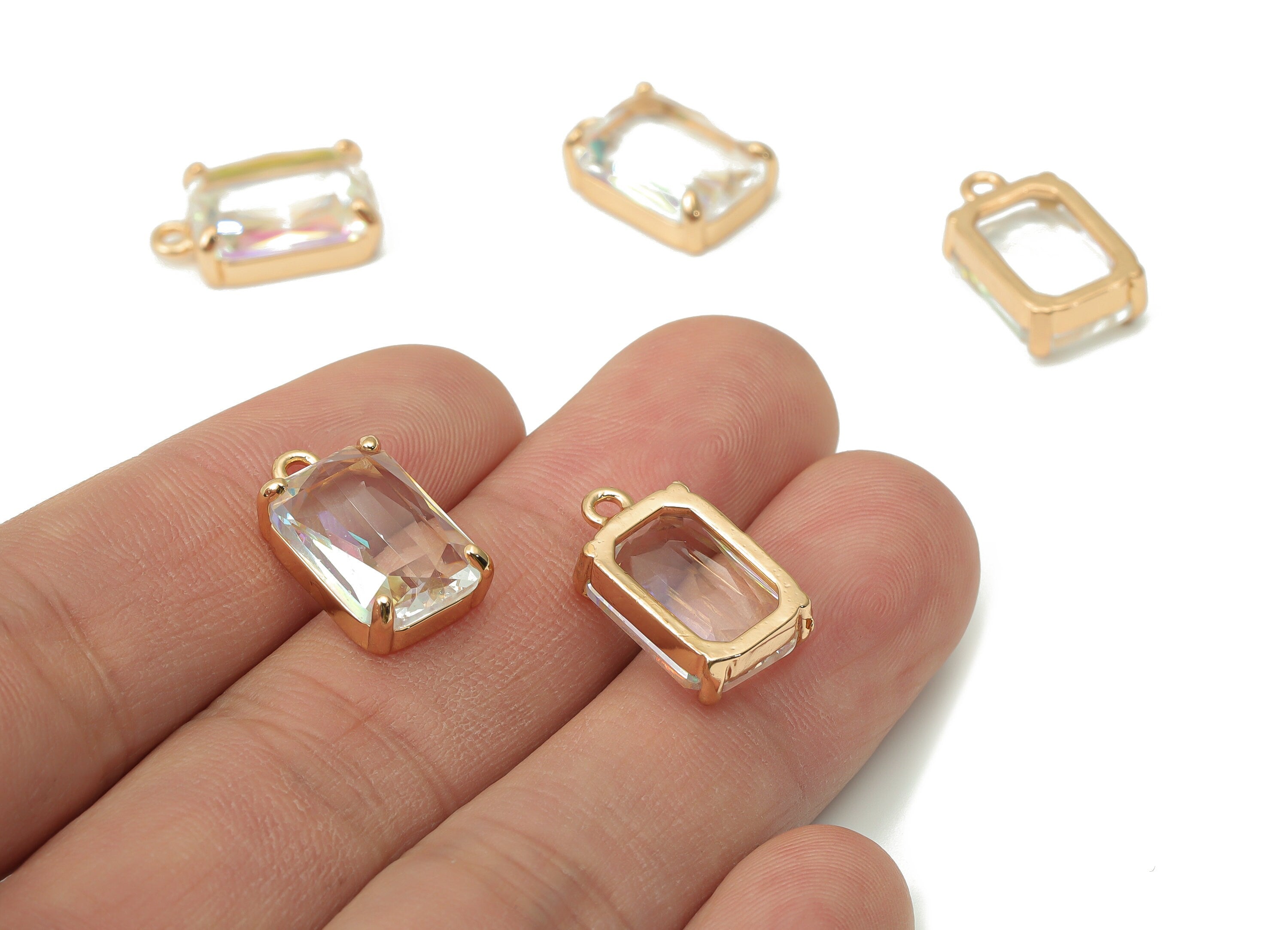 Glass Square Earring Charms with Loop - Brass Frame Square Pendant - Gold Tone Plated Brass – Faceted Glass - 16.8x10.25x5.66mm – GS1129H - DOMEDBAZAAR
