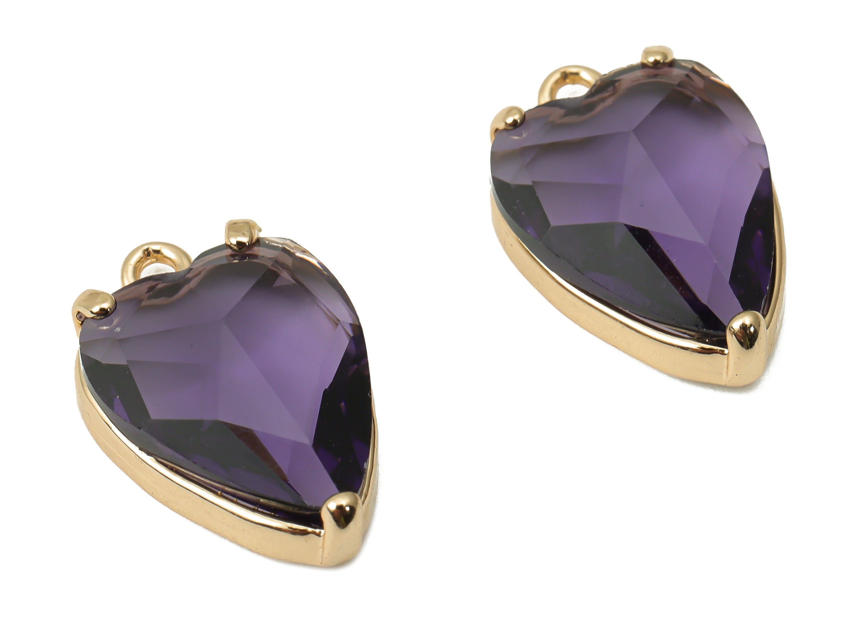 Glass Heart Earring Charms with Loop - Purple Brass Frame Heart Pendant - Gold Tone Plated Brass – Faceted Glass - 16.79x11.1x5.4mm– GS1130A - DOMEDBAZAAR