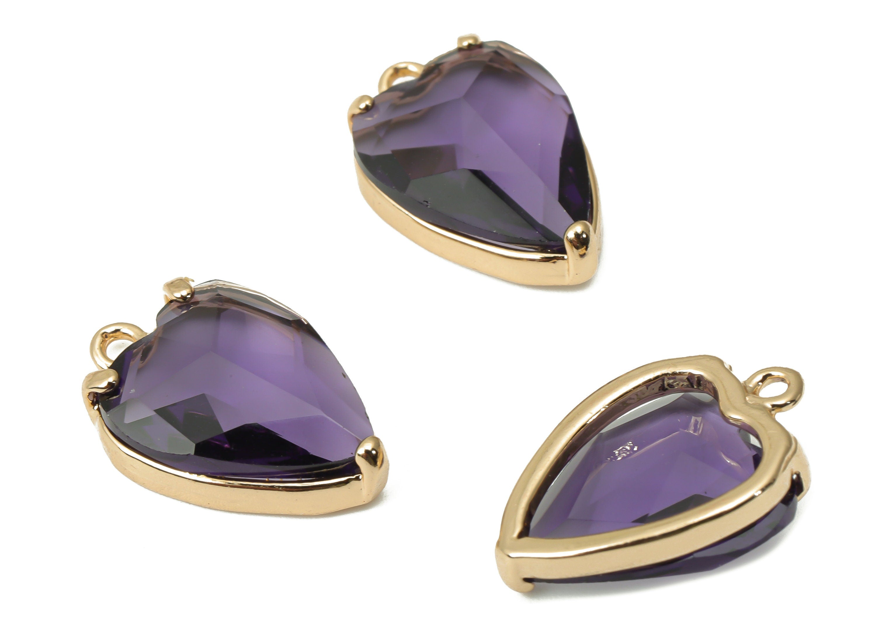 Glass Heart Earring Charms with Loop - Purple Brass Frame Heart Pendant - Gold Tone Plated Brass – Faceted Glass - 16.79x11.1x5.4mm– GS1130A - DOMEDBAZAAR