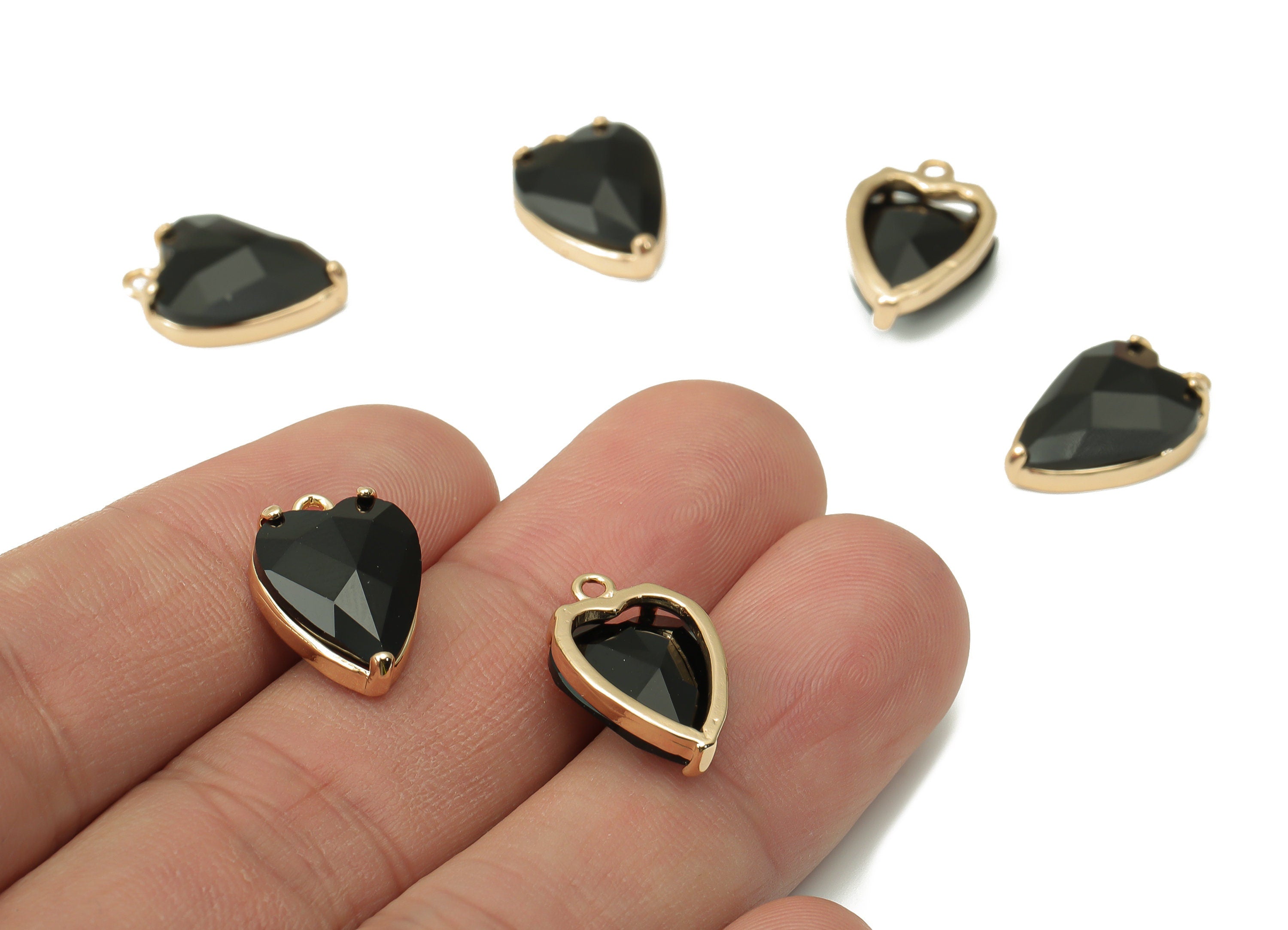Glass Heart Earring Charms with Loop - Black Brass Frame Heart Pendant - Gold Tone Plated Brass – Faceted Glass - 16.79x11.1x5.4mm – GS1130B - DOMEDBAZAAR