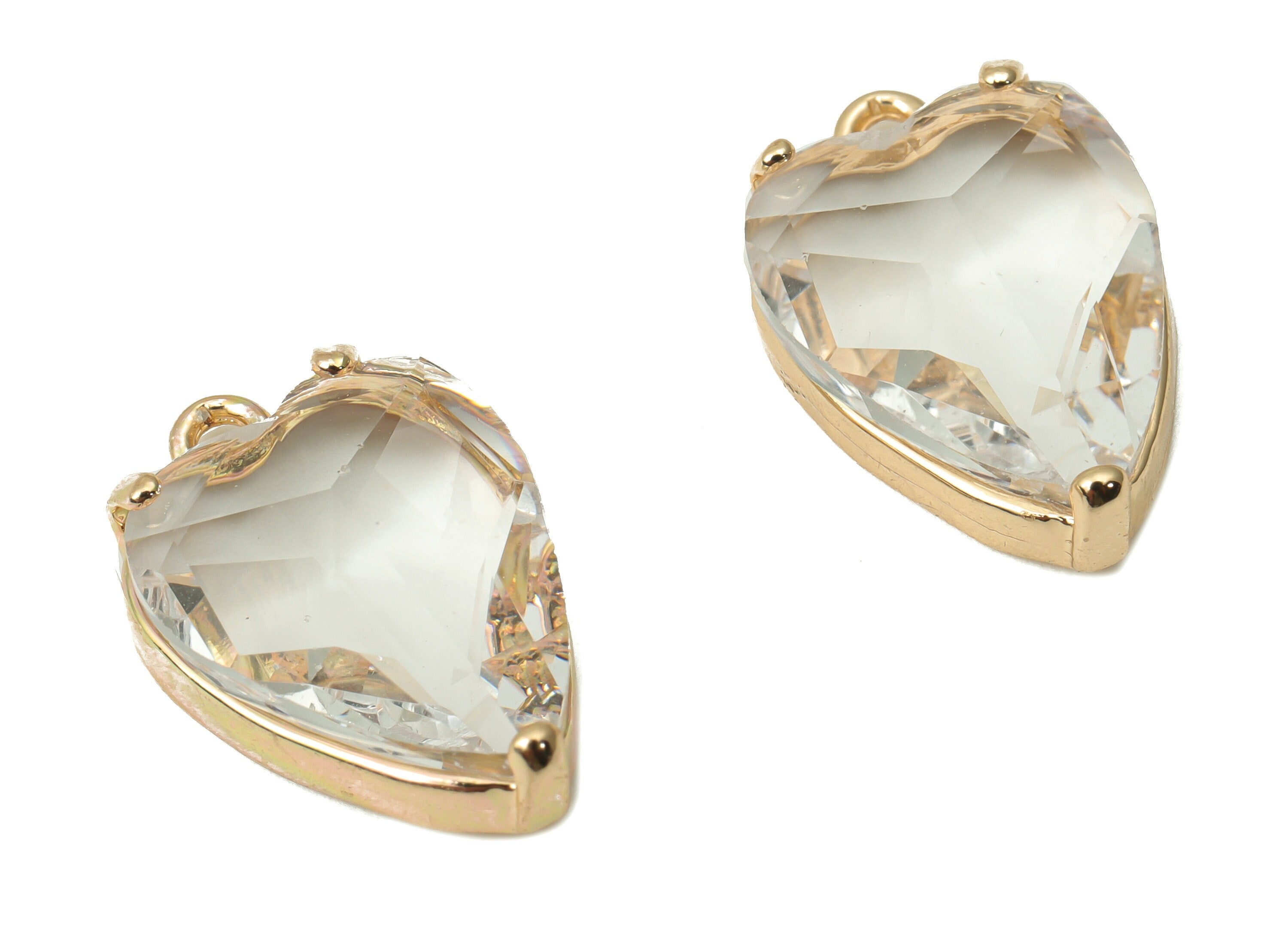 Glass Heart Earring Charms with Loop - Clear Brass Frame Heart Pendant - Gold Tone Plated Brass – Faceted Glass - 16.79x11.1x5.4mm – GS1130D - DOMEDBAZAAR