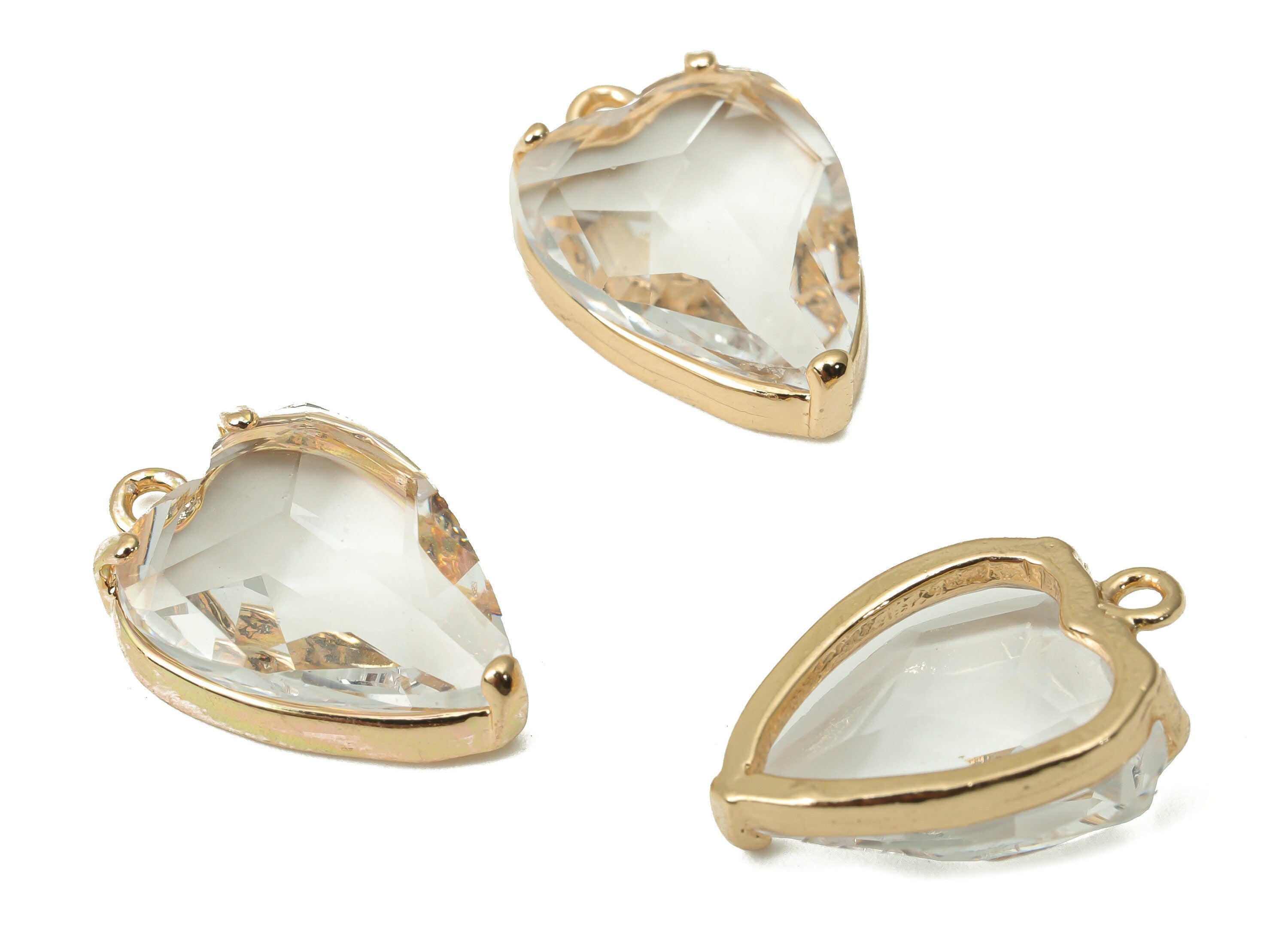 Glass Heart Earring Charms with Loop - Clear Brass Frame Heart Pendant - Gold Tone Plated Brass – Faceted Glass - 16.79x11.1x5.4mm – GS1130D - DOMEDBAZAAR