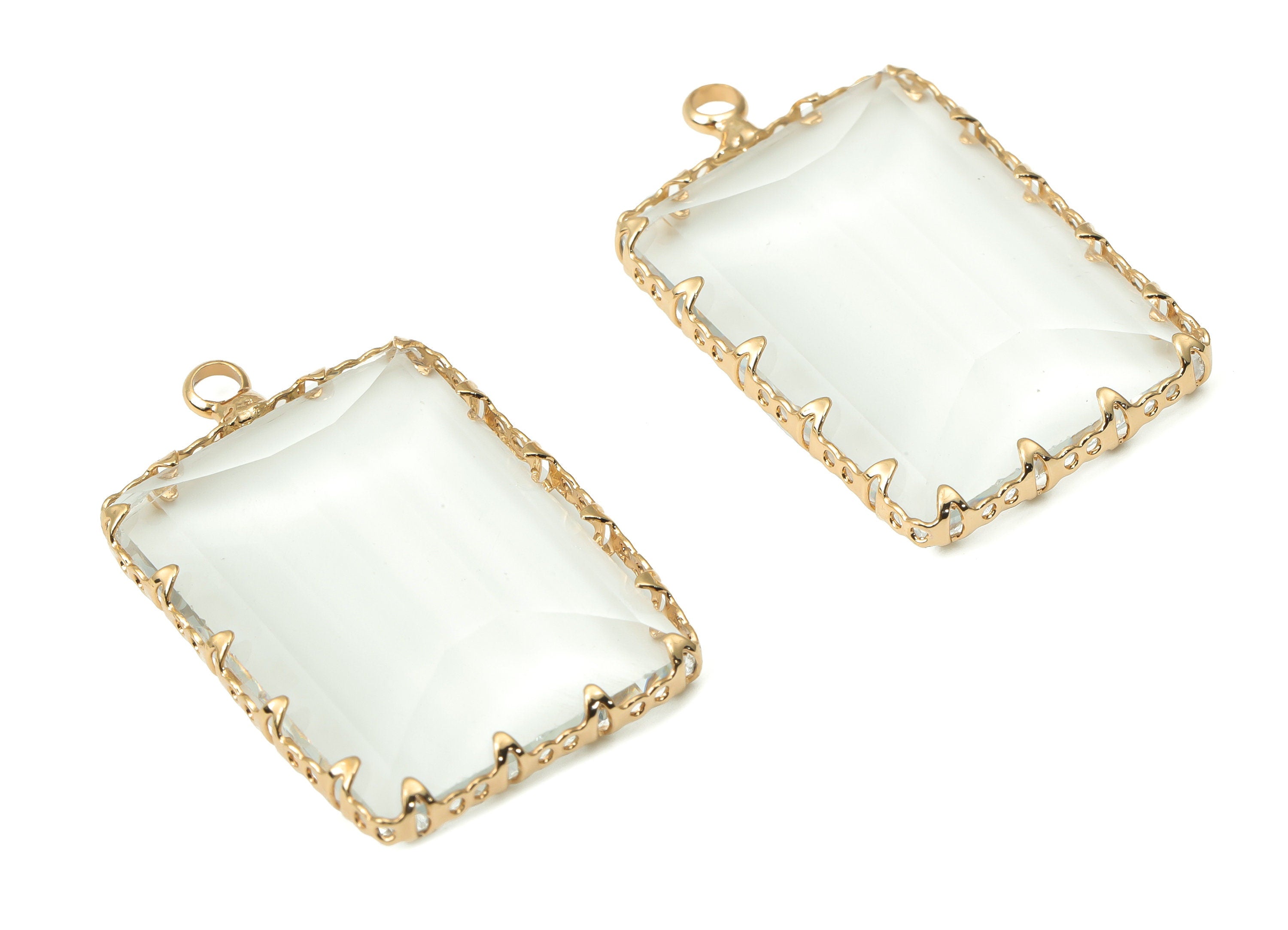 Glass Rectangle Earring Charms with Loop - Brass Rectangle Frame Pendant - Gold Tone Plated Brass - Faceted Glass - 30.4x19x4.68mm - GS1133 - DOMEDBAZAAR