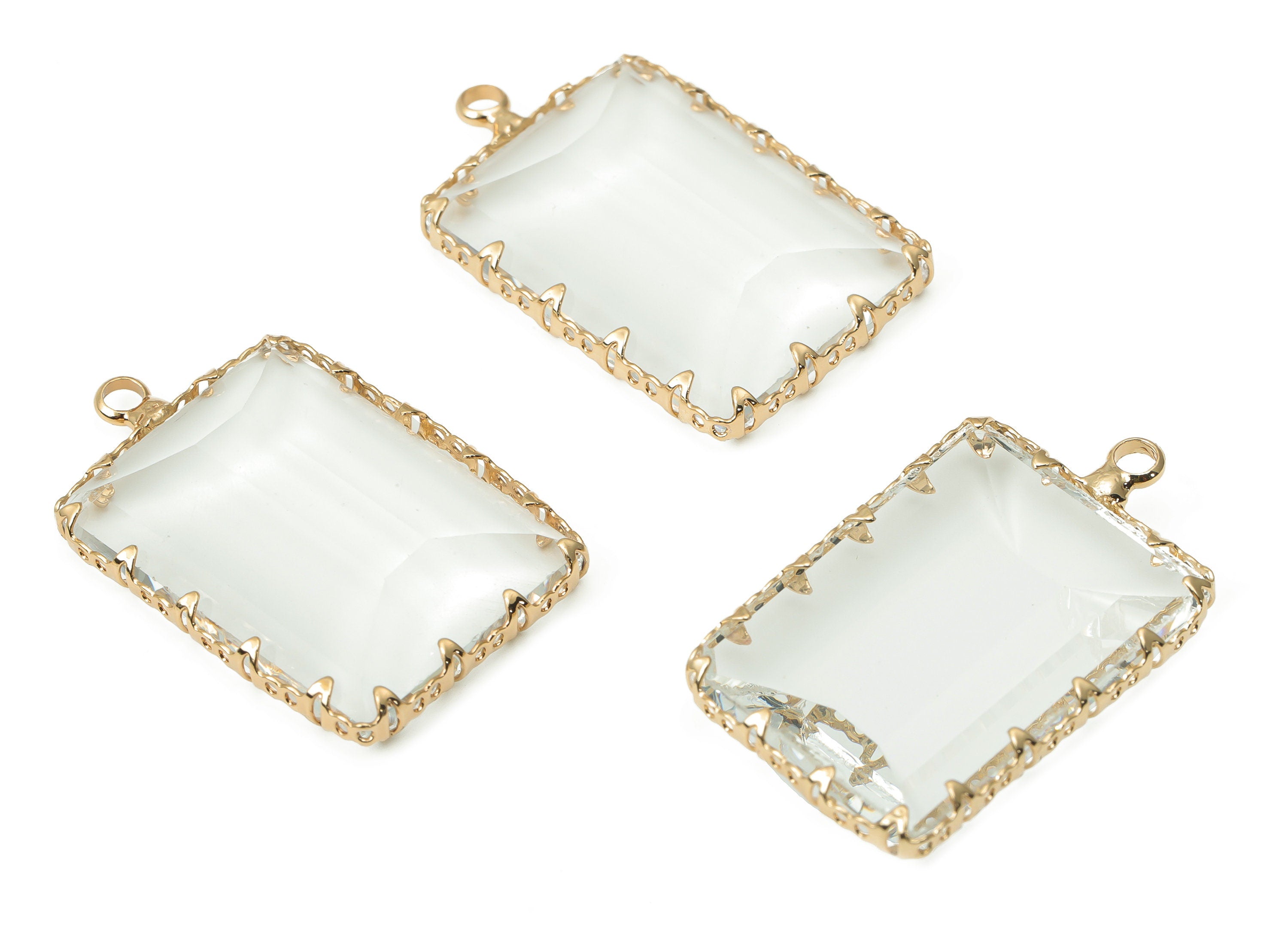 Glass Rectangle Earring Charms with Loop - Brass Rectangle Frame Pendant - Gold Tone Plated Brass - Faceted Glass - 30.4x19x4.68mm - GS1133 - DOMEDBAZAAR