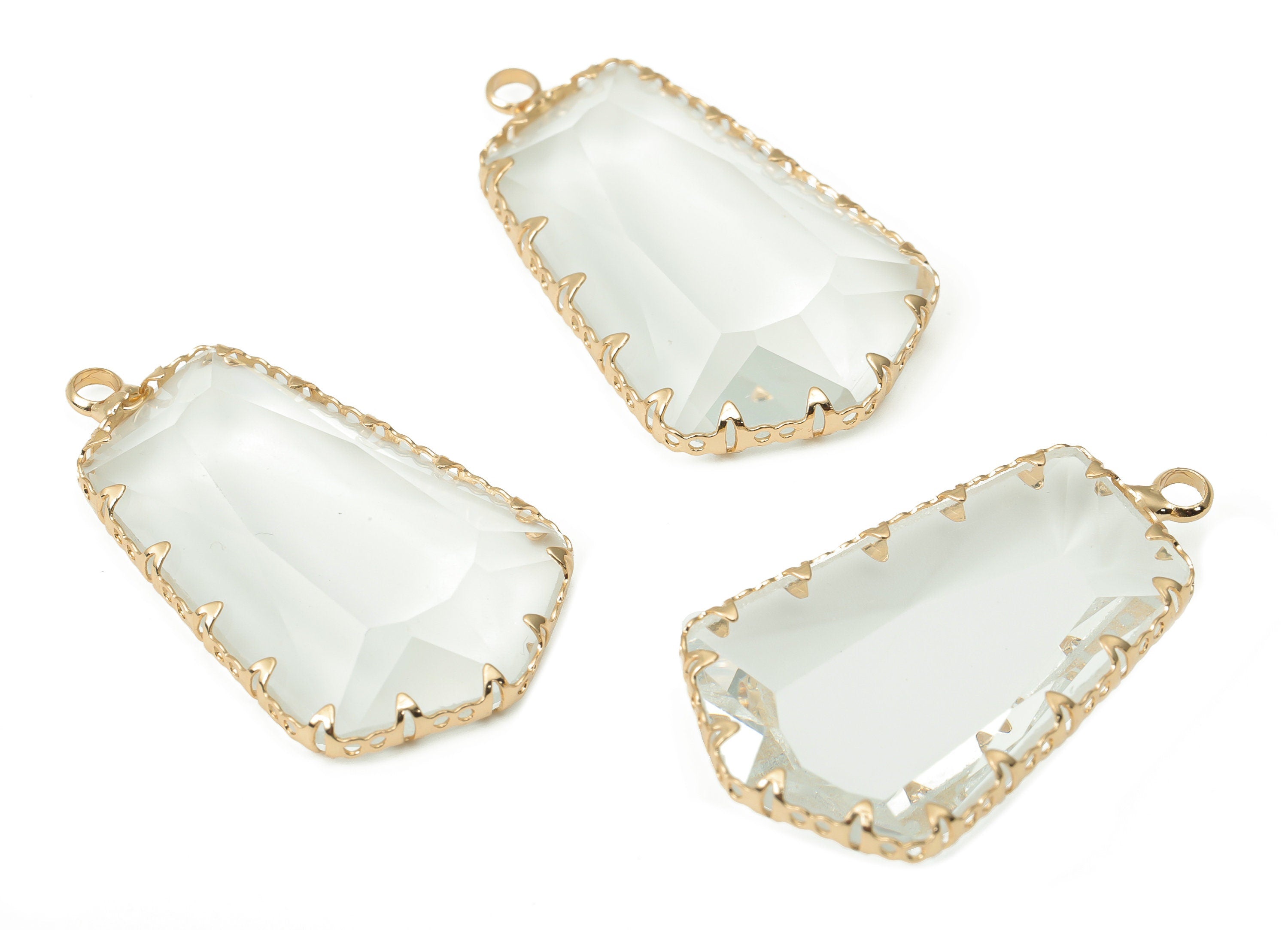 Glass Pentagon Charms with Loop - Clear Brass Pentagon Frame Pendant - Gold Tone Plated Brass - Faceted Glass - 34.12x19.6x4.8mm - GS1132B - DOMEDBAZAAR
