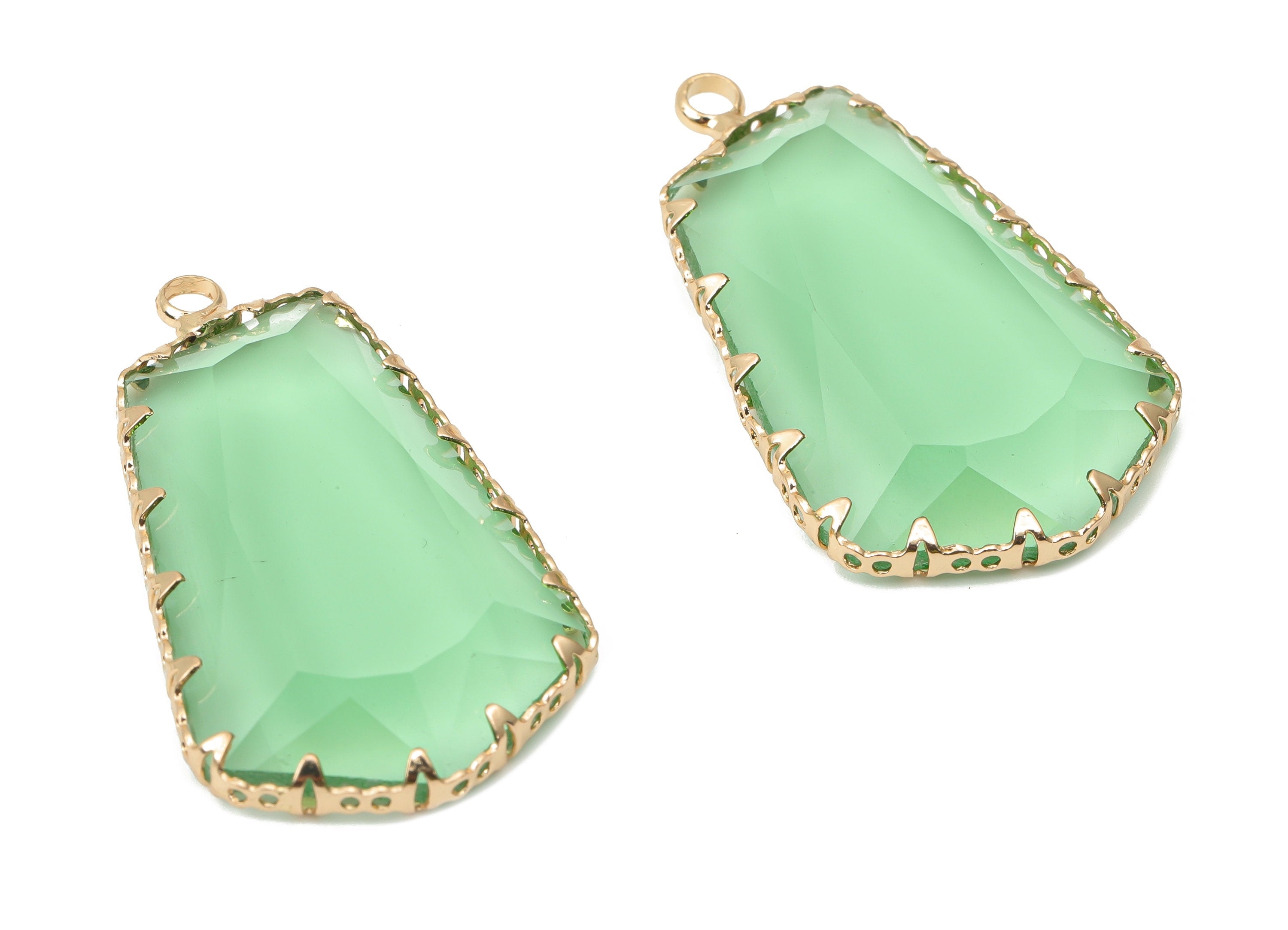 Glass Pentagon Charms with Loop - Green Brass Pentagon Frame Pendant - Gold Tone Plated Brass - Faceted Glass - 34.12x19.6x4.8mm - GS1132C - DOMEDBAZAAR