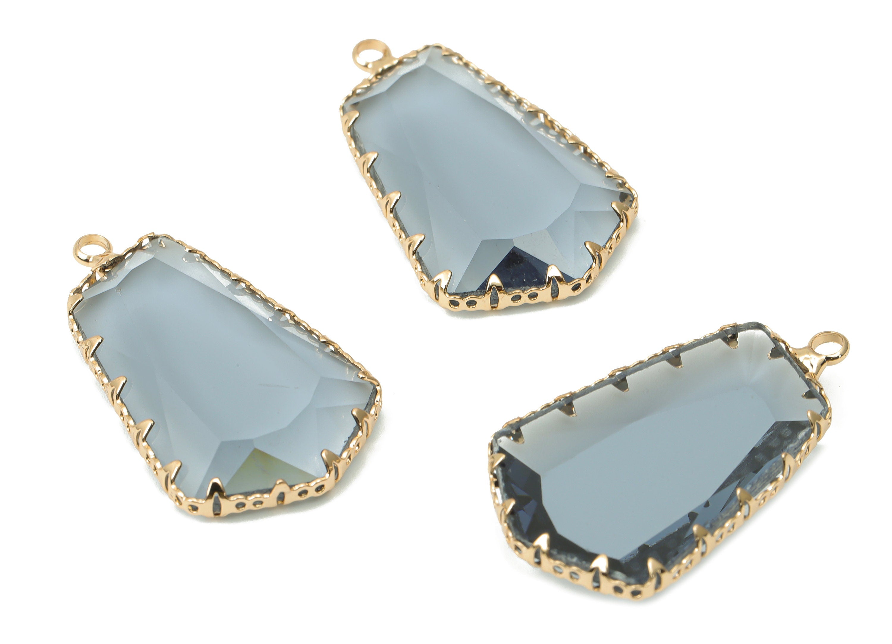 Glass Pentagon Charms with Loop - Gray Brass Pentagon Frame Pendant - Gold Tone Plated Brass - Faceted Glass - 34.12x19.6x4.8mm - GS1132D - DOMEDBAZAAR
