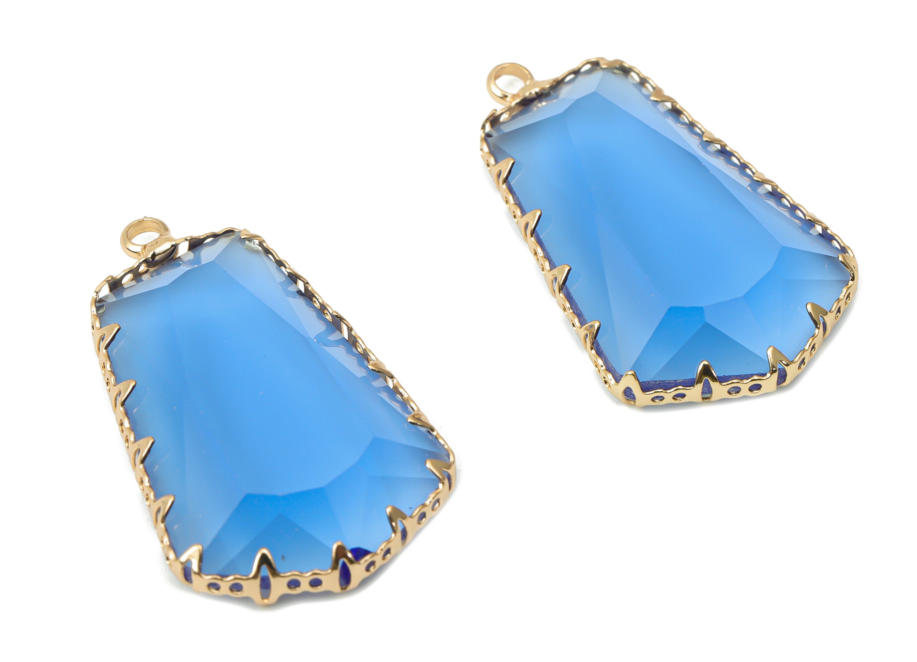 Glass Pentagon Charms with Loop - Blue Brass Pentagon Frame Pendant - Gold Tone Plated Brass - Faceted Glass - 34.12x19.6x4.8mm - GS1132E - DOMEDBAZAAR