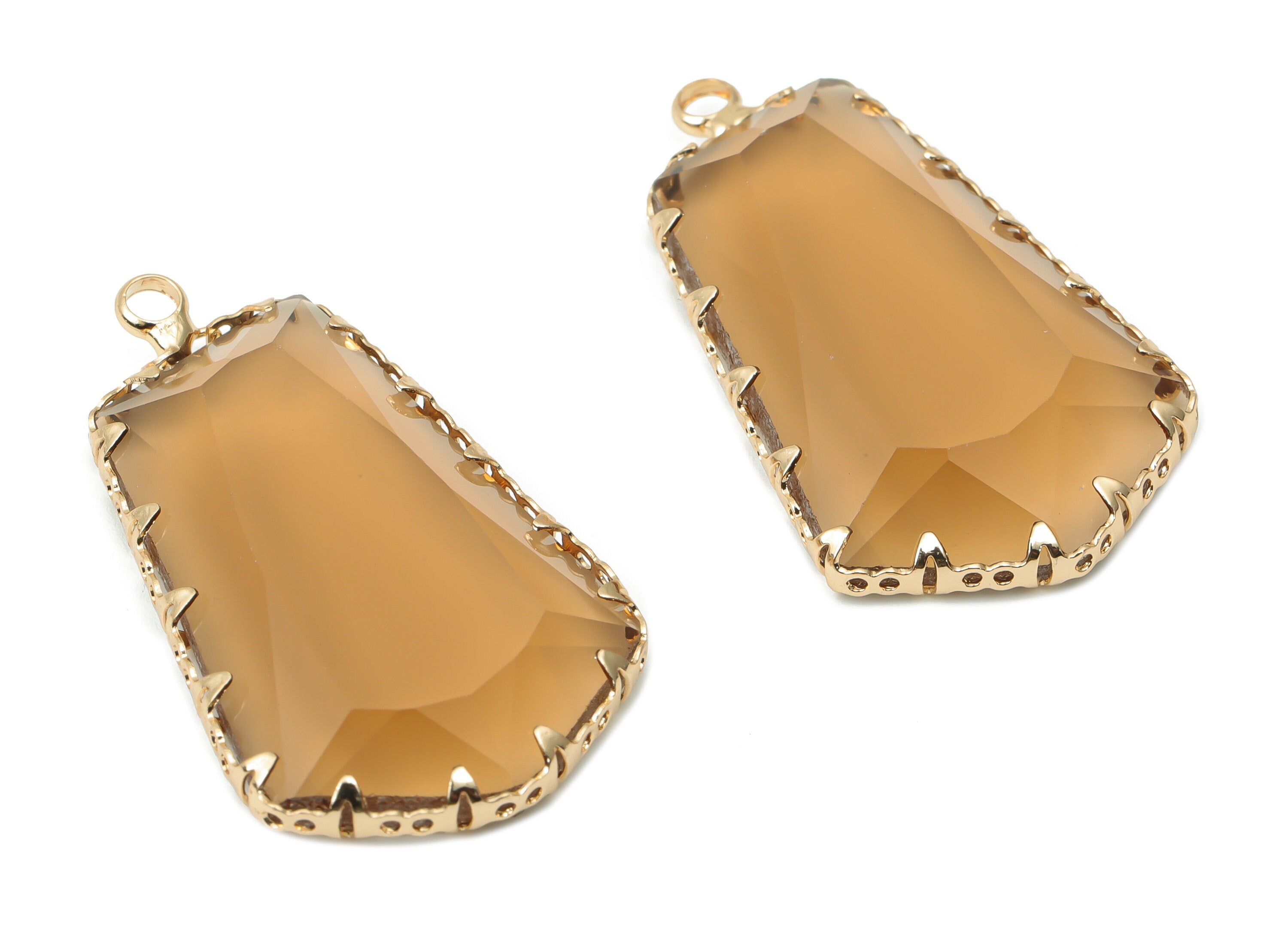 Glass Pentagon Charms with Loop - Brown Brass Pentagon Frame Pendant - Gold Tone Plated Brass - Faceted Glass - 34.12x19.6x4.8mm - GS1132F - DOMEDBAZAAR