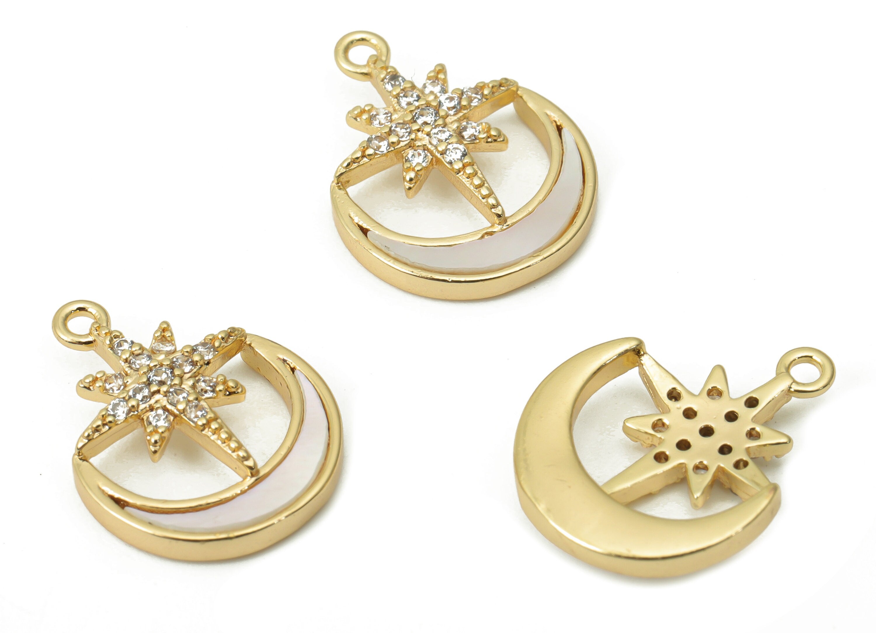 Brass Crescent Earring Charms with Zincons - Shell Moon Star Pendant - 18K Real Gold Plated - 14.75x11.44x2.91mm - RGP4384 - DOMEDBAZAAR