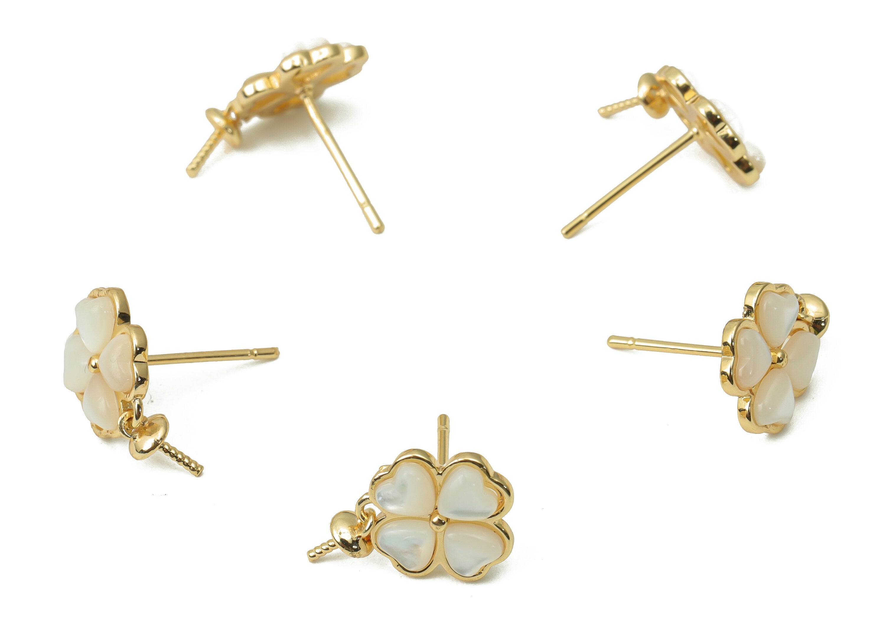Brass Clover Earring Stud - Shell Four Leaf Clover Earring Post - Silver Stud - 18k Real Gold Plated Brass - 10.6x9.7x2.2mm- RGP4397 - DOMEDBAZAAR