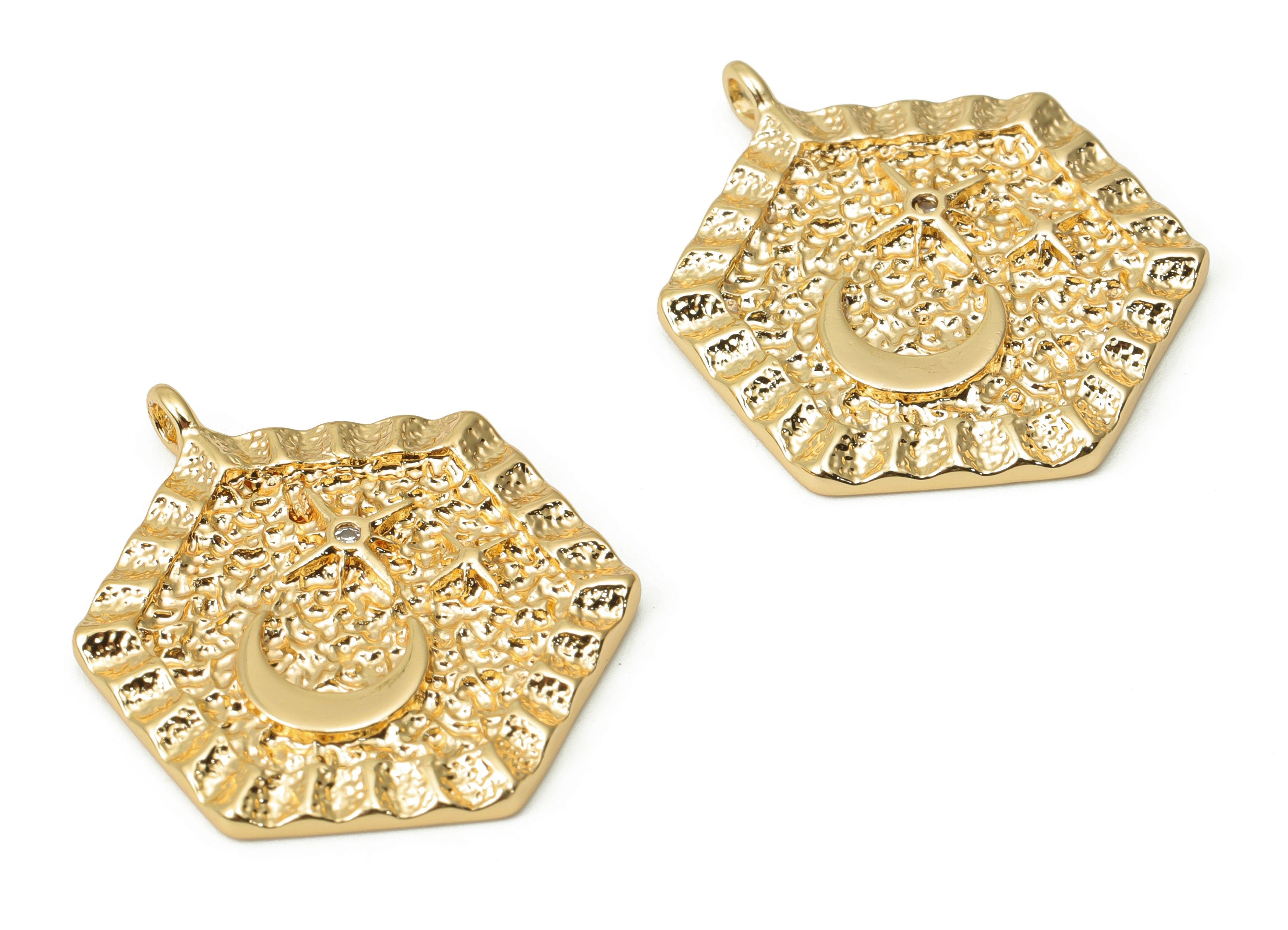 Brass Hammered Hexagon Crescent Charms with Zircons - Gold Plant Star Moon Pendant - 18K Real Gold Plated Brass - 24.66x19.3x1.6mm - RGP4412 - DOMEDBAZAAR