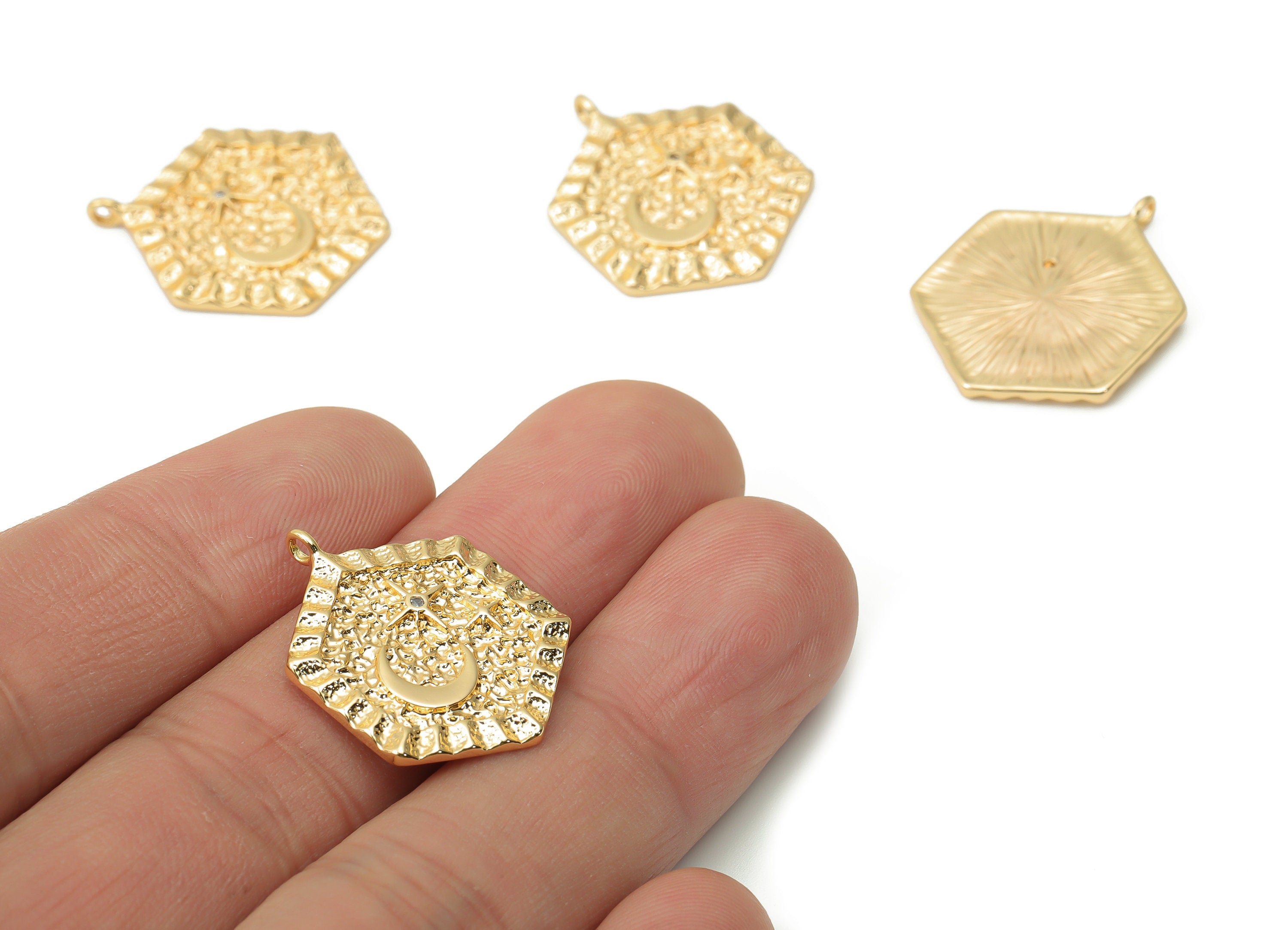 Brass Hammered Hexagon Crescent Charms with Zircons - Gold Plant Star Moon Pendant - 18K Real Gold Plated Brass - 24.66x19.3x1.6mm - RGP4412 - DOMEDBAZAAR