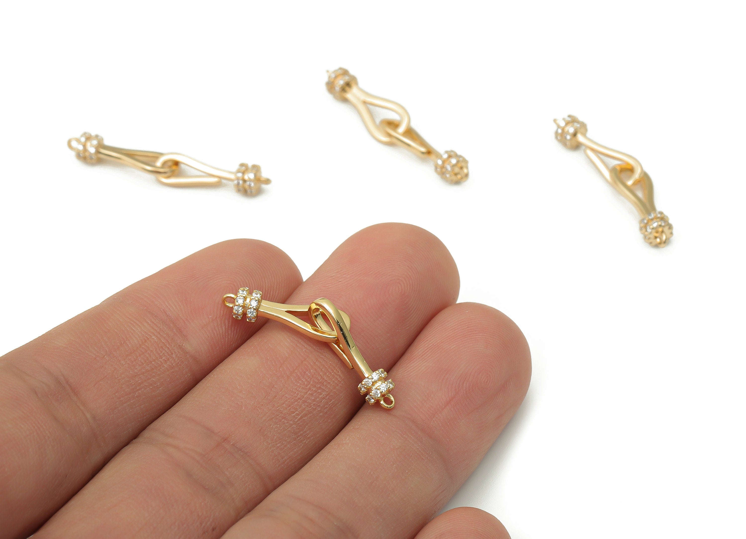Brass Hook Clasps with Ring – Zircon Hook Clasps - Gold Bracelet Hook Connector Clasp - 18K Real Gold Plated Brass – 17.1x4.8x4.1mm- RGP4410 - DOMEDBAZAAR