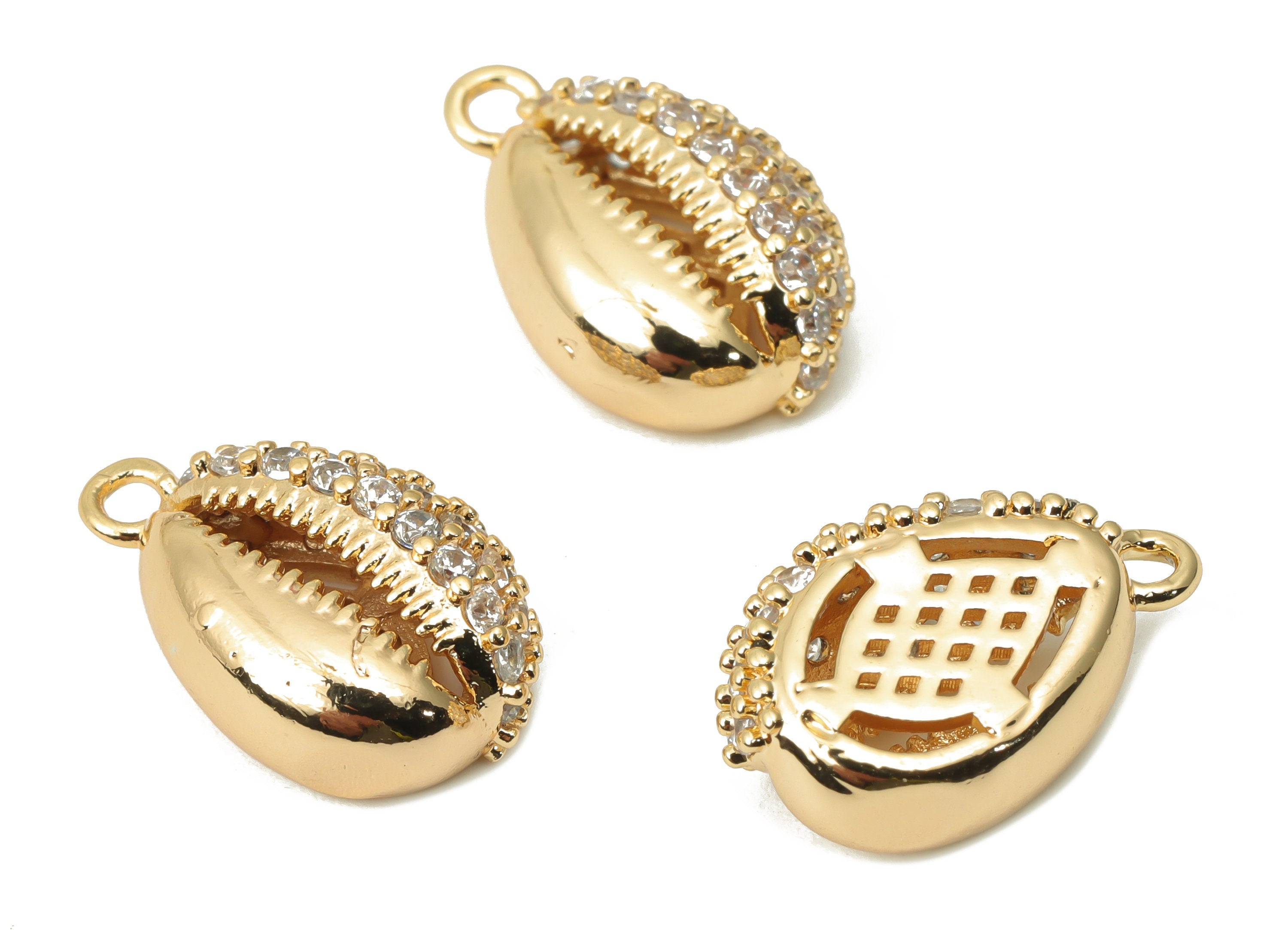 Brass Cowrie Seashell Charms with Zircons - Gold Shell Pendant - 18K Real Gold Plated Brass - Jewelry Supplies - 15.96x10.36x5.5mm - RGP4409 - DOMEDBAZAAR
