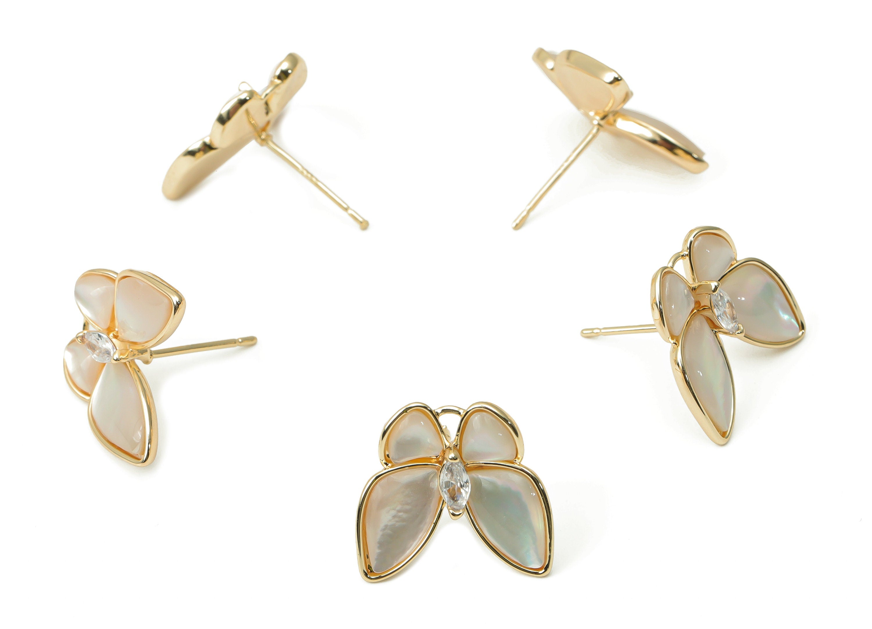 Brass Butterfly Earring Stud with Zircon - Shell Butterfly Earring Post - Silver Stud - 18k Real Gold Plated Brass - 16x15.5x3.5mm - RGP4401 - DOMEDBAZAAR