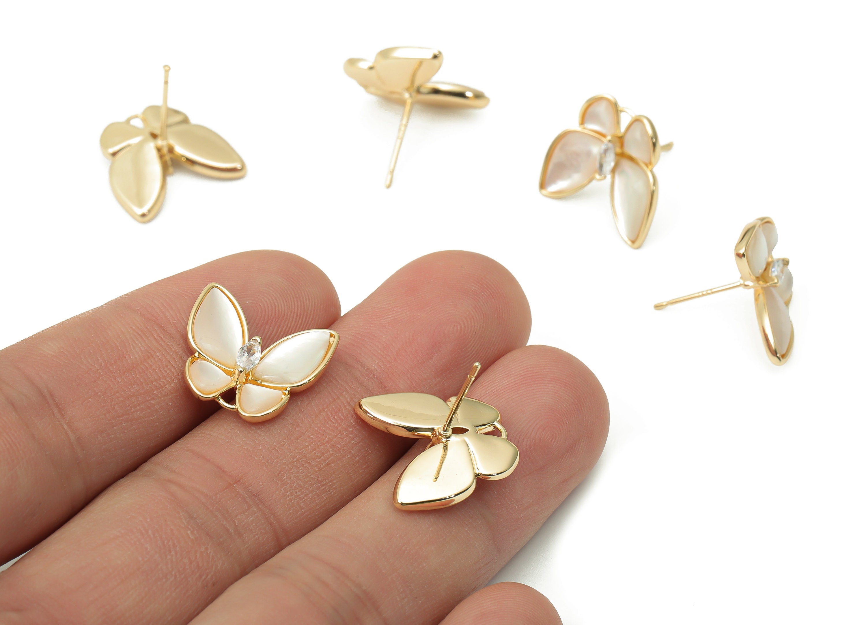 Brass Butterfly Earring Stud with Zircon - Shell Butterfly Earring Post - Silver Stud - 18k Real Gold Plated Brass - 16x15.5x3.5mm - RGP4401 - DOMEDBAZAAR