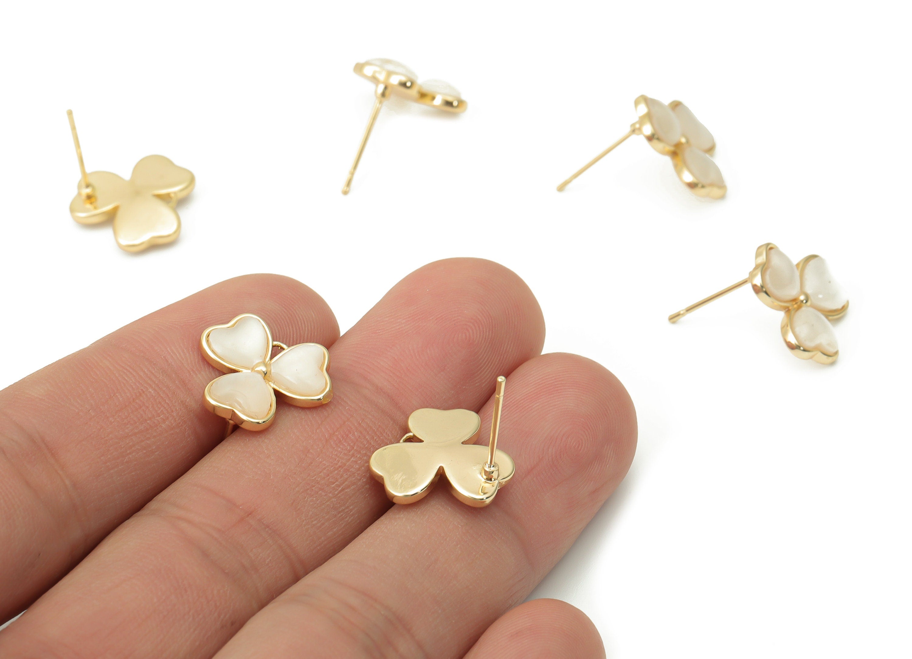 Brass Leaves Earring Stud - Shell Clover Heart Post - Silver Stud - 18k Real Gold Plated Brass - Jewelry Supplies - 13.5x13.5x3.3mm-RGP4398 - DOMEDBAZAAR