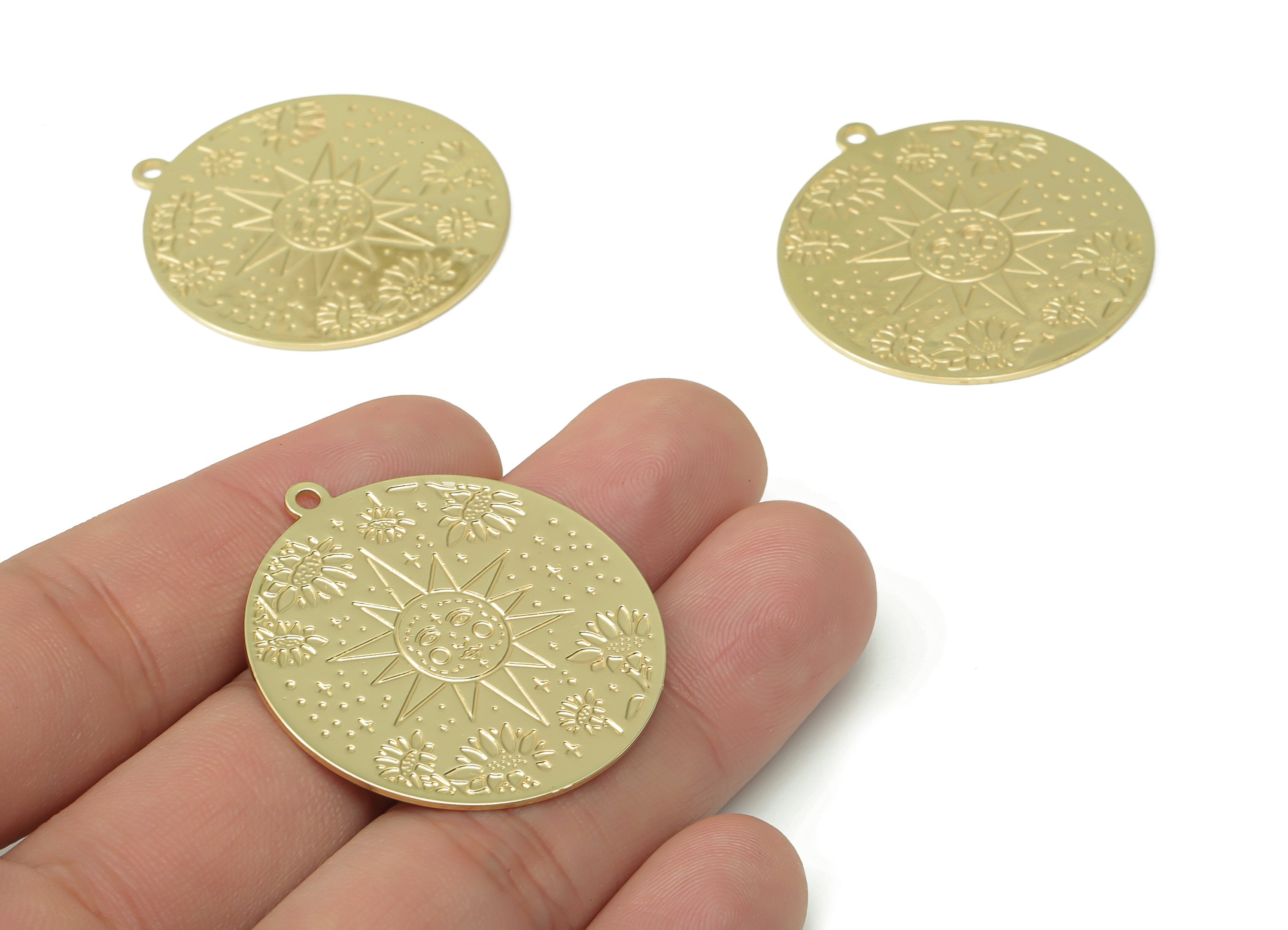 Brass Engraved Round Sun face Plant Lotus Earring Charms - Raw Brass Flower Star Pendant - Gold Tone Plated Brass - 37.94x35x0.7mm - PP5278G - DOMEDBAZAAR
