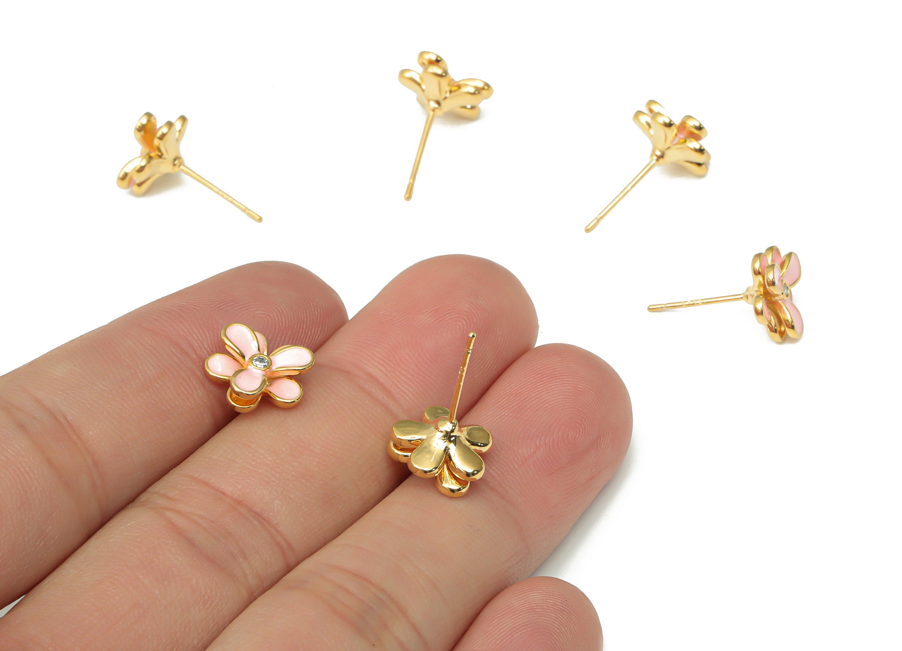 Brass Flower Earring Stud with Zircon - Enamel Flower Earring Post - 925 Silver Stud - 18k Real Gold Plated Brass - 11.16x11.2x3.8mm-RGP4504 - DOMEDBAZAAR