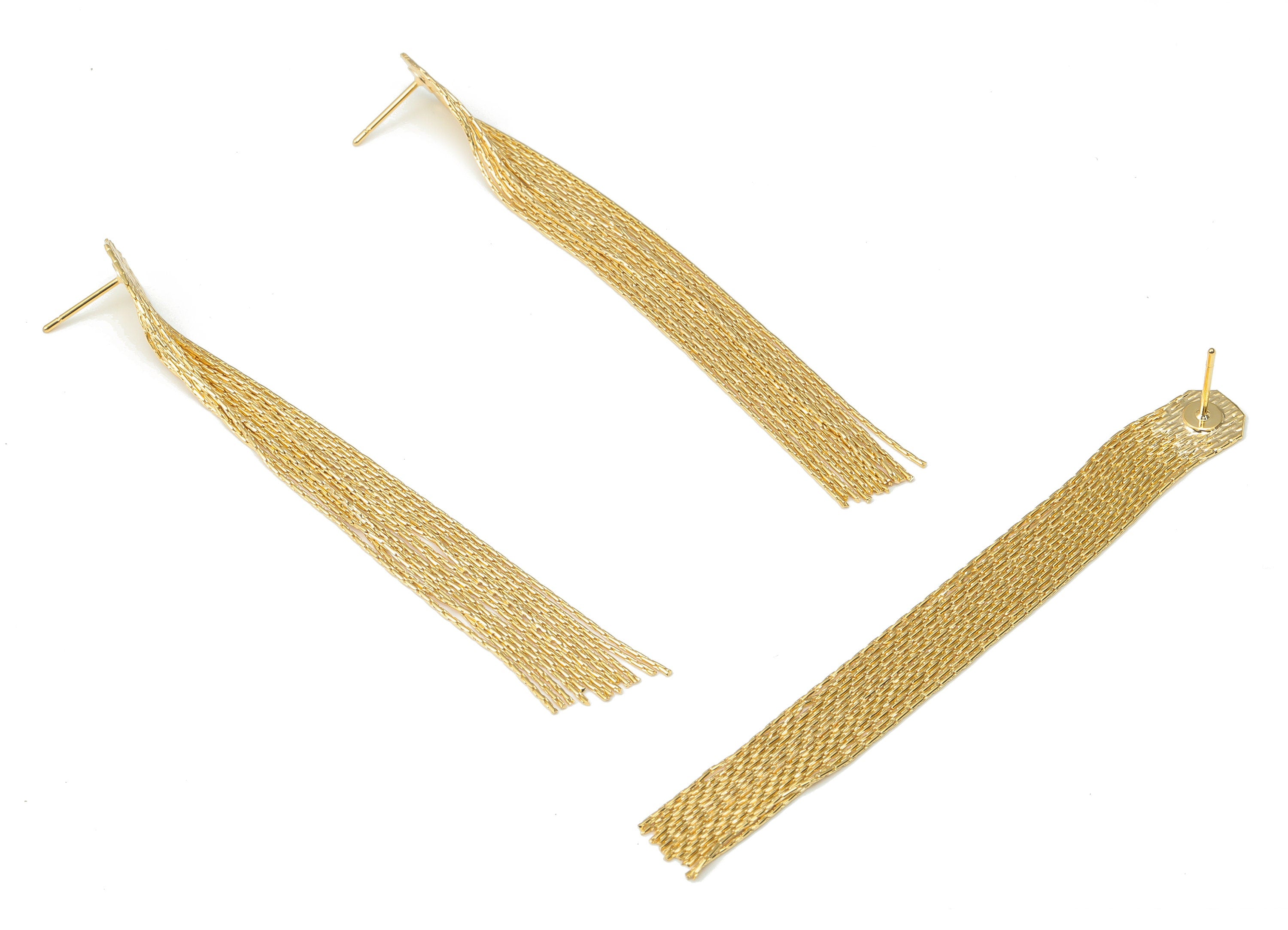 Brass Texture Snake Chain Tassel Stud - Gold Tassel Earring Post - Stainless Steel Stud - 18k Real Gold Plated Brass - 82.73x9x1mm - RGP4507 - DOMEDBAZAAR