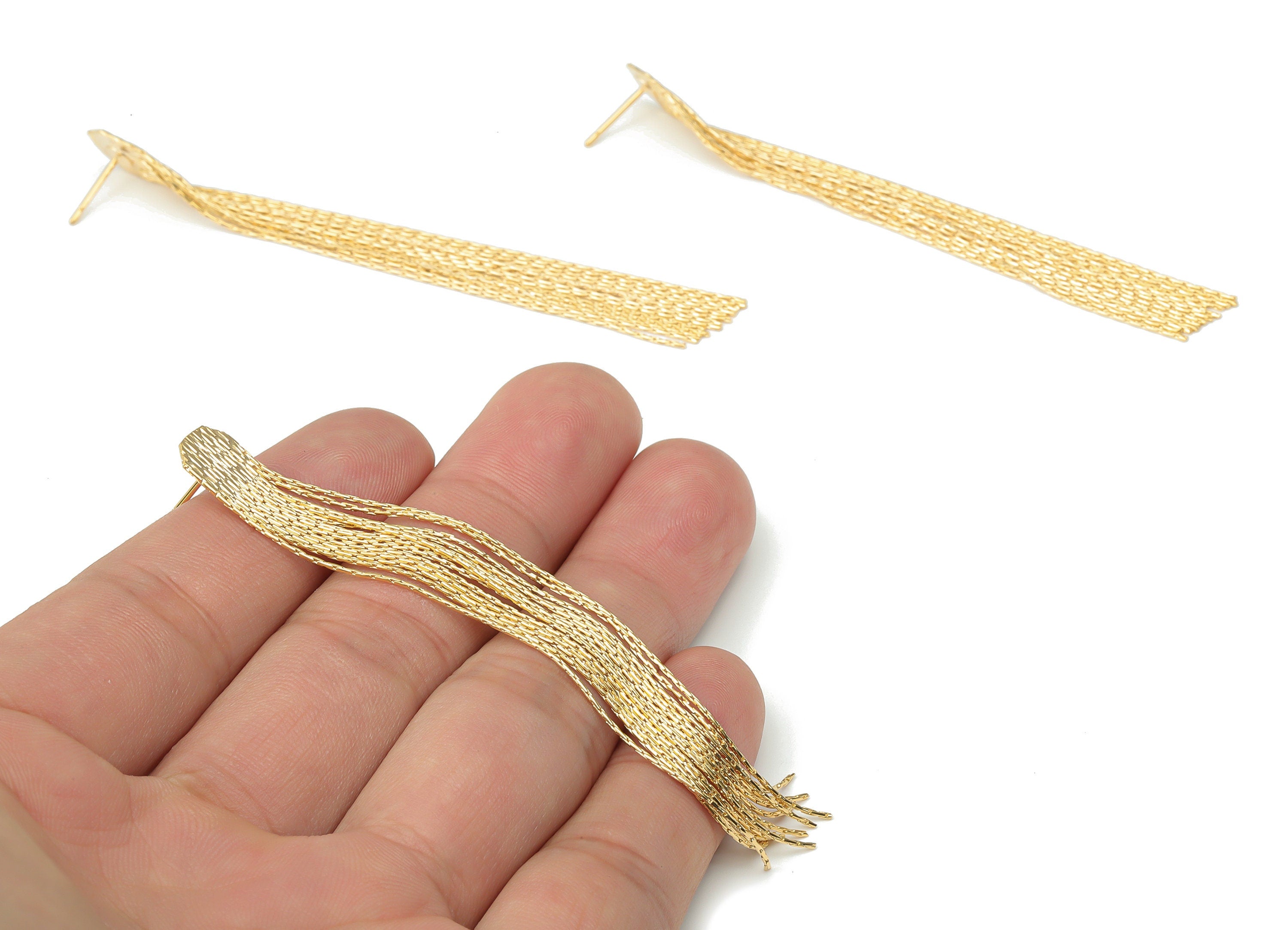 Brass Texture Snake Chain Tassel Stud - Gold Tassel Earring Post - Stainless Steel Stud - 18k Real Gold Plated Brass - 82.73x9x1mm - RGP4507 - DOMEDBAZAAR