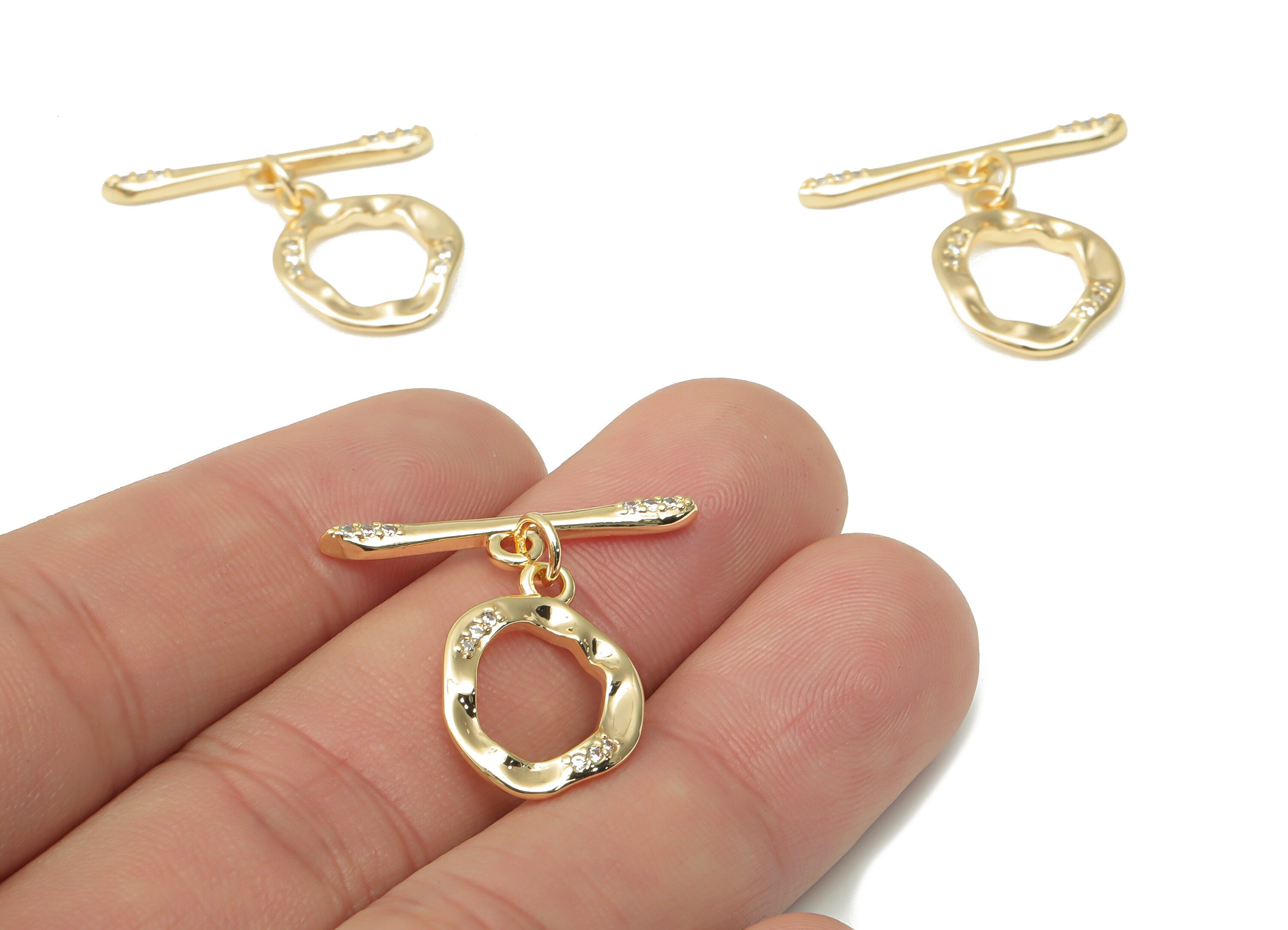Brass Hammered Round Toggle Clasp with Zircon – Gold Circle Toggle Clasp - 18K Real Gold Plated Brass – Jewelry Making - 26x23x1.8mm-RGP4519 - DOMEDBAZAAR