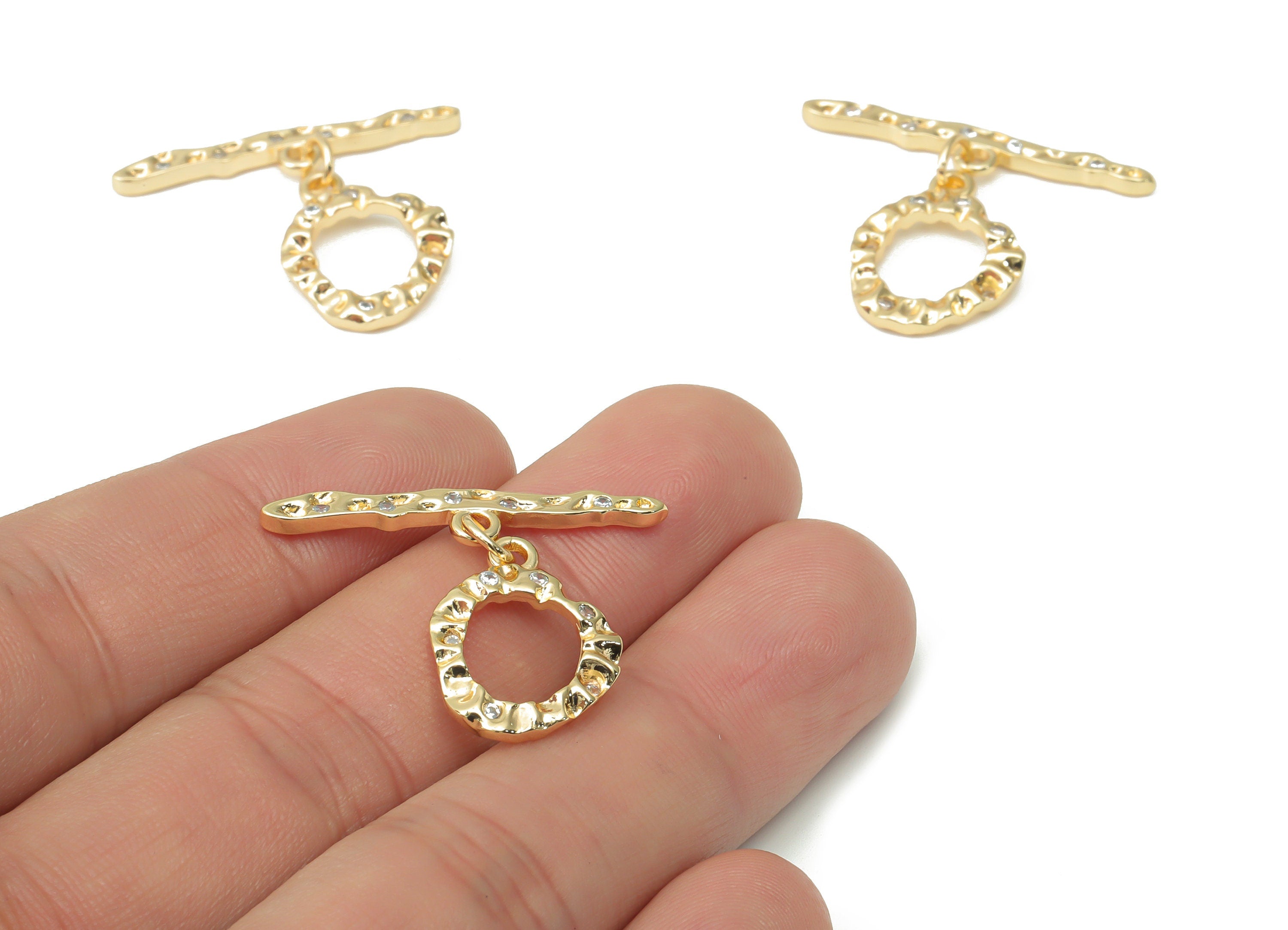 Brass Hammered Round Toggle Clasp with Zircons – Gold Circle Toggle Clasp - 18K Real Gold Plated Brass – Jewelry Making - 30x25x2mm- RGP4520 - DOMEDBAZAAR