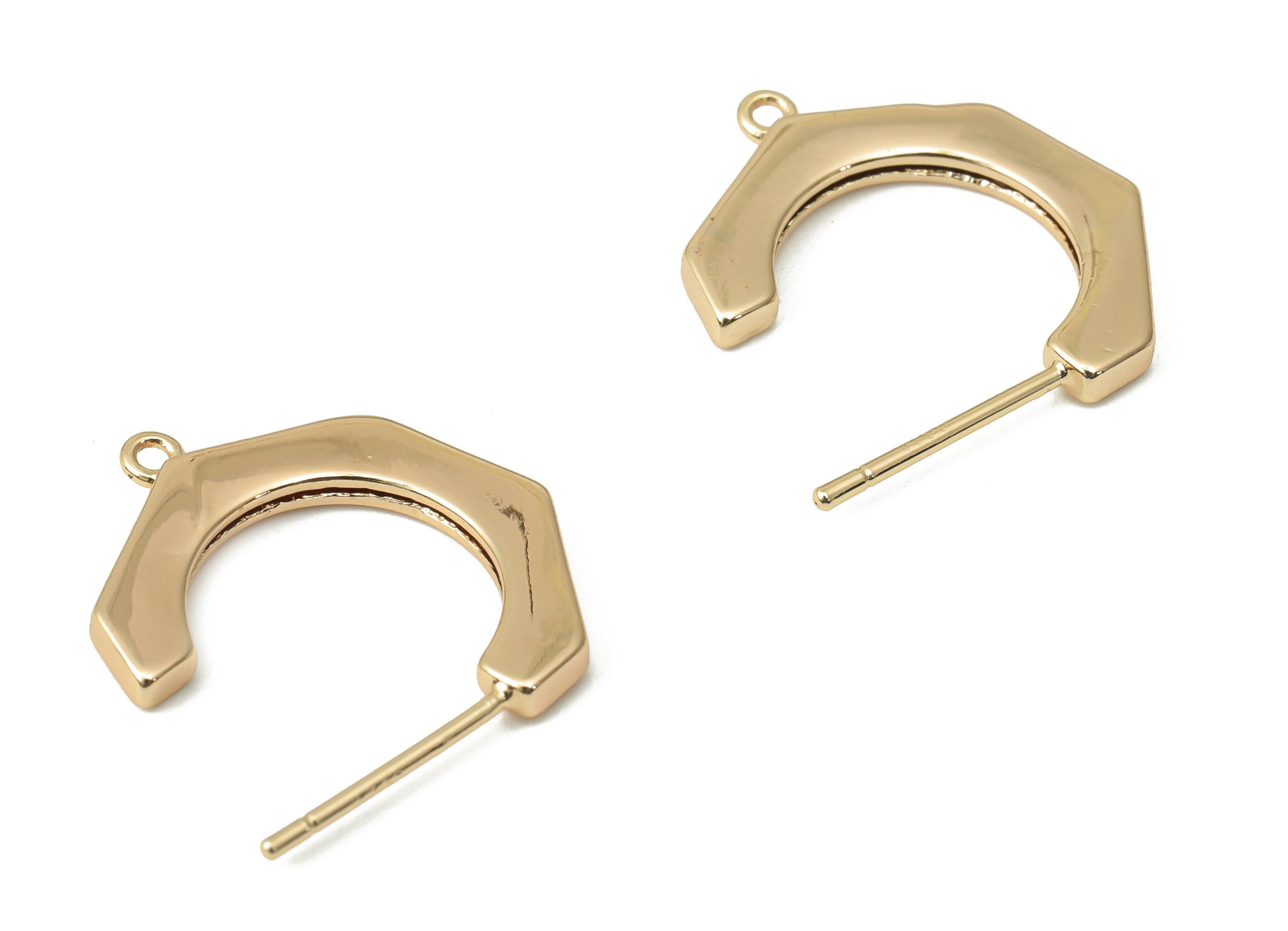 Brass C Open Hoop Earring Stud with Loop - Gold C Bamboo Hoop Post - 925 Silver Stud - 18k Real Gold Plated Brass - 17.58x13.8x2mm - RGP4436 - DOMEDBAZAAR