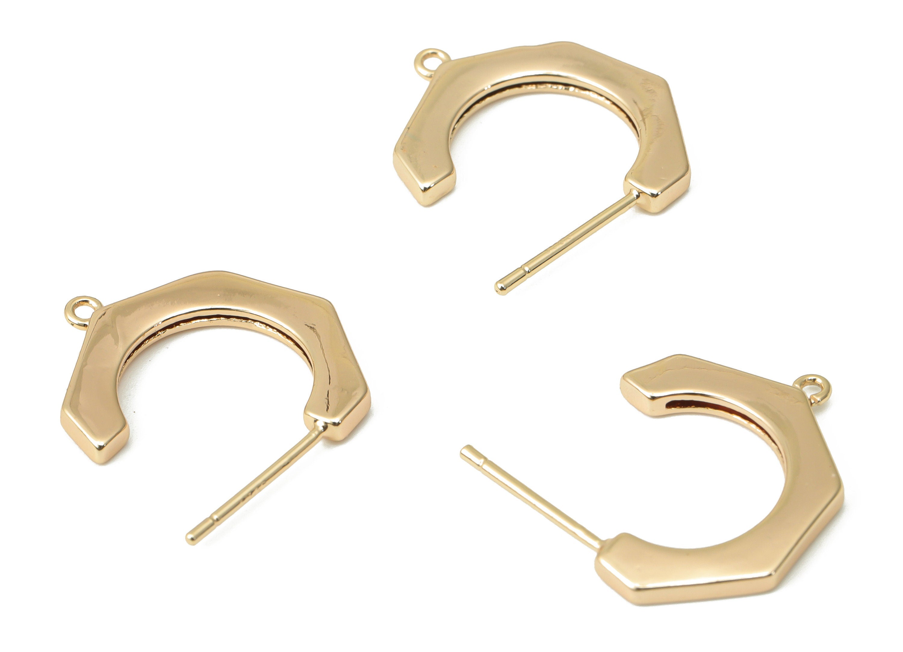 Brass C Open Hoop Earring Stud with Loop - Gold C Bamboo Hoop Post - 925 Silver Stud - 18k Real Gold Plated Brass - 17.58x13.8x2mm - RGP4436 - DOMEDBAZAAR