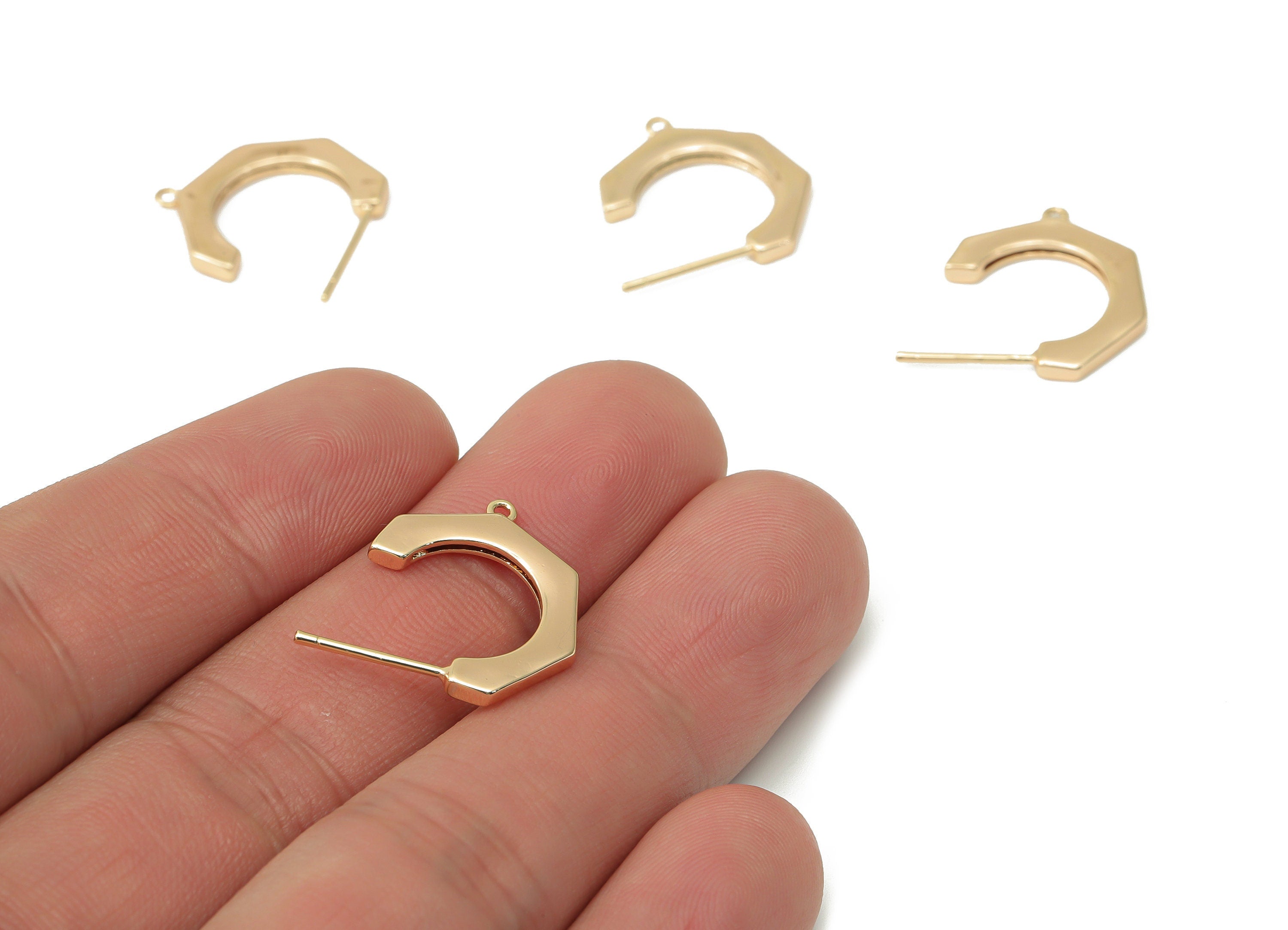 Brass C Open Hoop Earring Stud with Loop - Gold C Bamboo Hoop Post - 925 Silver Stud - 18k Real Gold Plated Brass - 17.58x13.8x2mm - RGP4436 - DOMEDBAZAAR