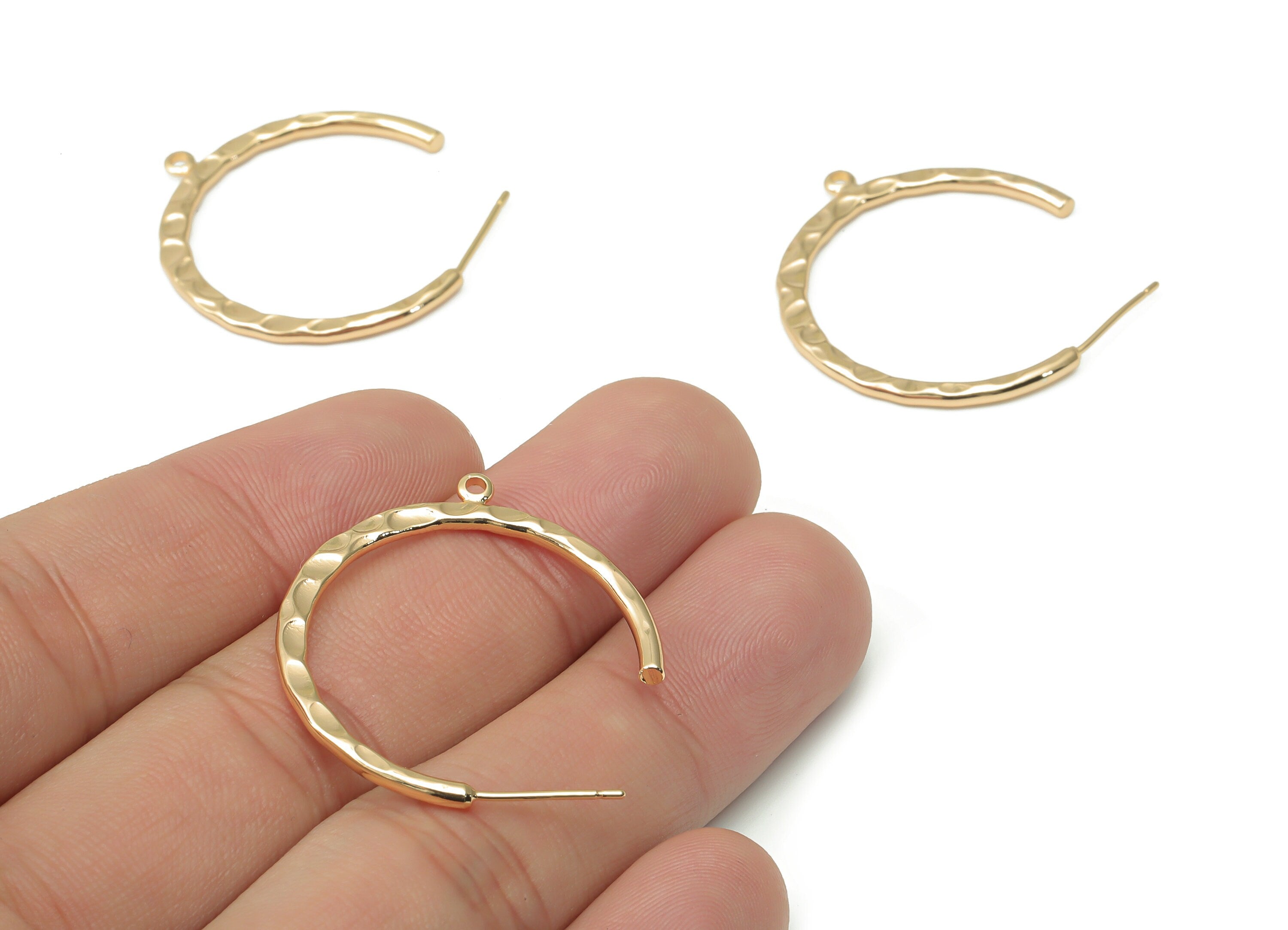 Brass Hammered C Hoop Earring Stud with Loop - Gold C Hoop Post - 925 Silver Stud - 18k Real Gold Plated Brass - 29.72x29.6x1.75mm - RGP4488 - DOMEDBAZAAR