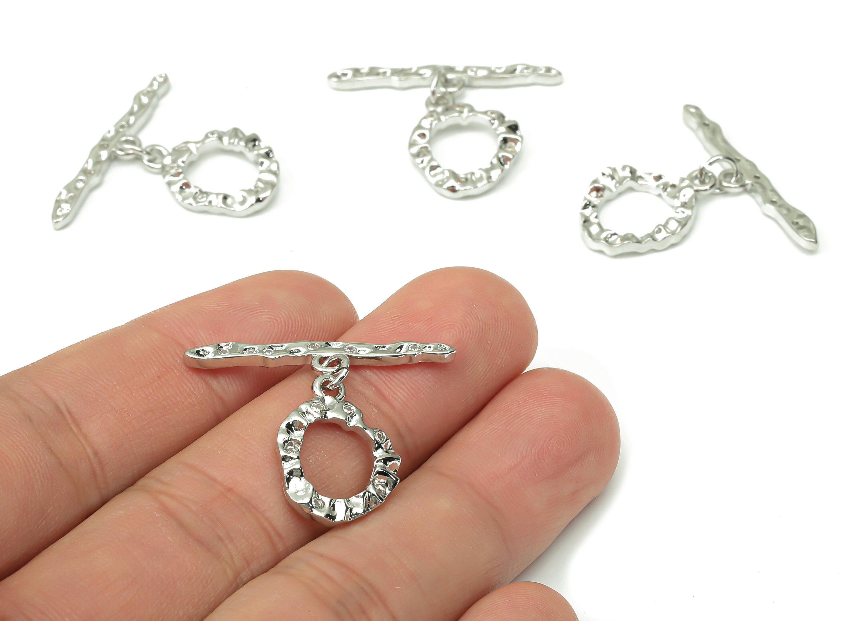 Brass Hammered Round Toggle Clasp with Zircons – White Gold Circle Toggle Clasp - 18K Real White Gold Plated Brass – 30.17x25x2mm - RGP4532S - DOMEDBAZAAR