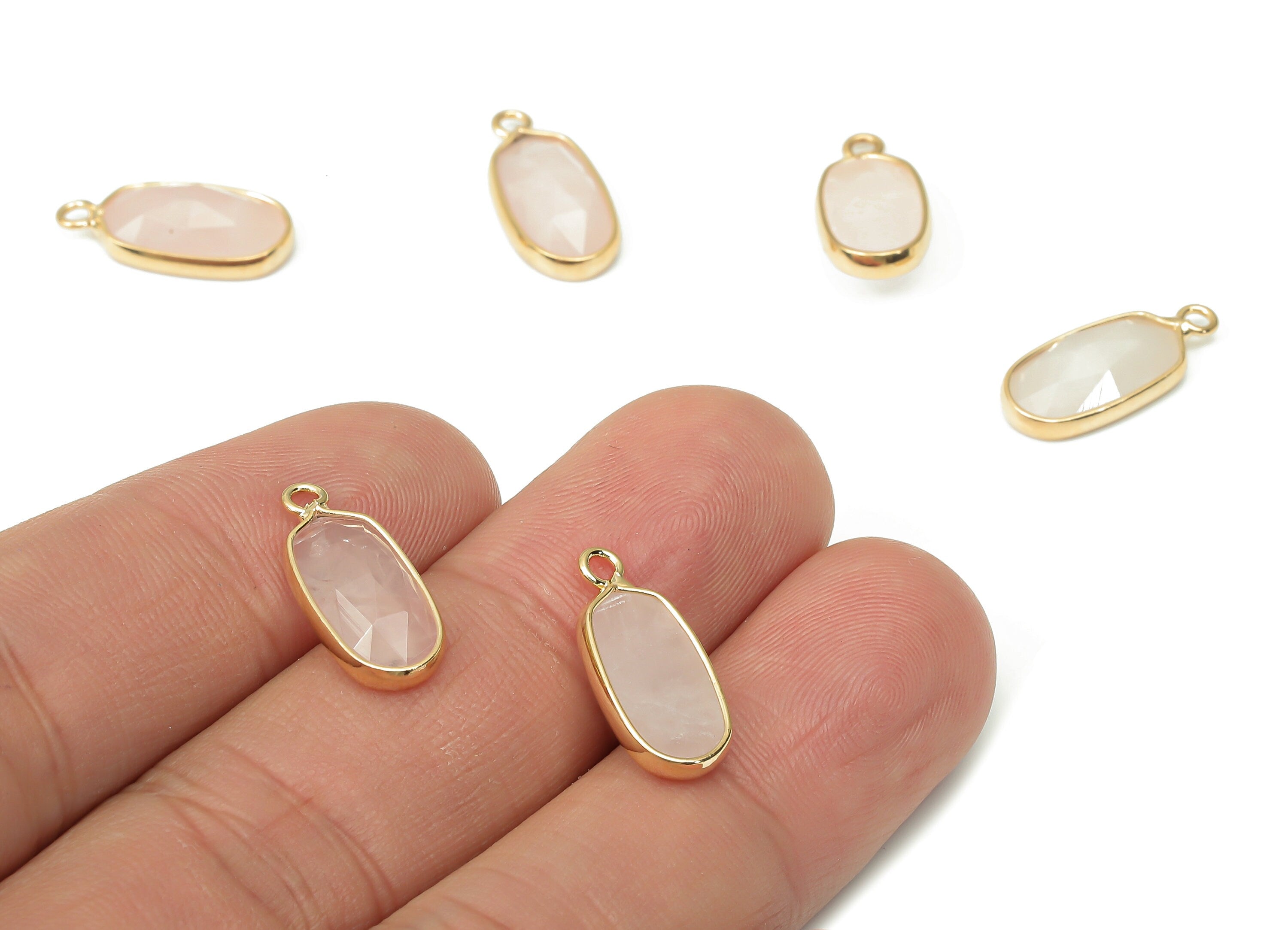 Rose Quartz Oval Earring Charms - Brass Faceted Oval Pendant - Crystal Natural Stone - Gold Tone Plated Brass – 17.72x8.2x3.96mm – NS1852 - DOMEDBAZAAR