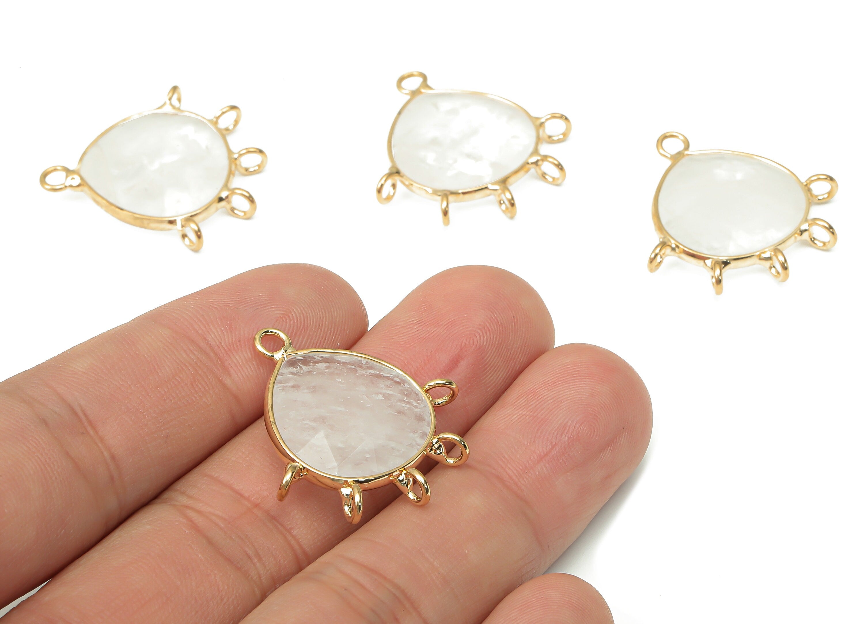 Clear Quartz Drop Connector - Brass Faceted Teardrop Bracelet - White Crystal Natural Stone - Gold Tone Plated Brass – 28x27x5mm - NS1855 - DOMEDBAZAAR