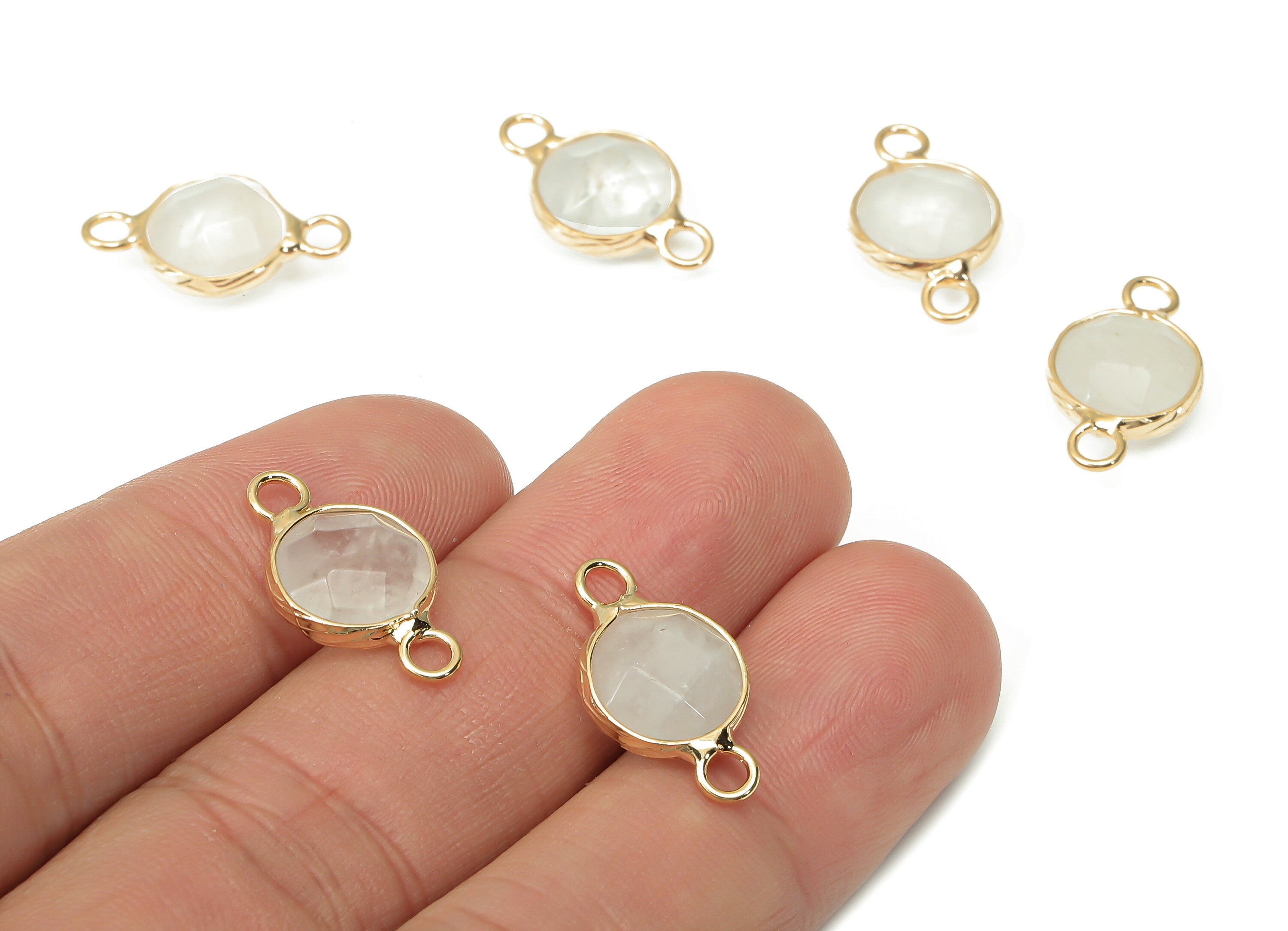 Clear Quartz Round Connector - Brass Faceted Circle Bracelet - White Crystal Natural Stone - Gold Tone Plated Brass – 19x10x5mm - NS1856 - DOMEDBAZAAR