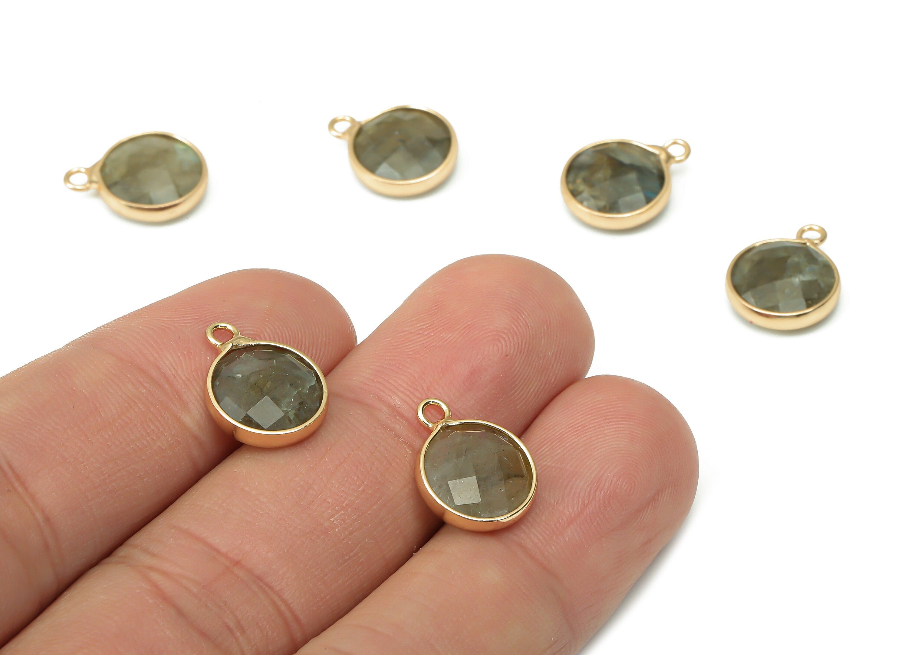 Labradorite Round Earring Charms - Brass Circle Pendant - Faceted Natural Stone - Gold Tone Plated Brass – 14.41x11.22x4.26mm – NS1850E - DOMEDBAZAAR