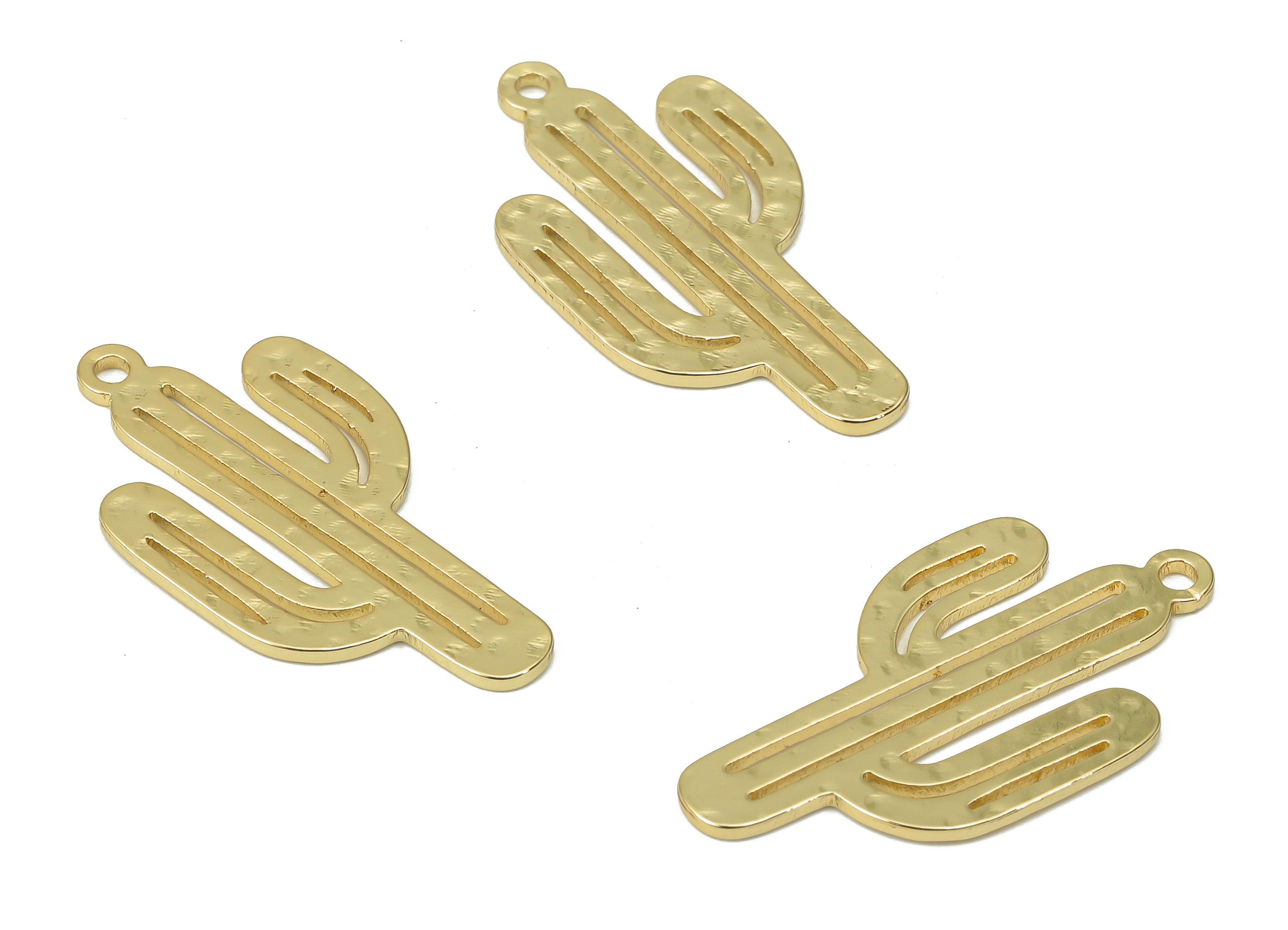 Brass Hammered Cactus Earring Charms - Gold Cactus Pendant - 18K Real Gold Plated Brass - Jewelry Supplies - 25.12x13.23x0.78mm - RGP4536 - DOMEDBAZAAR