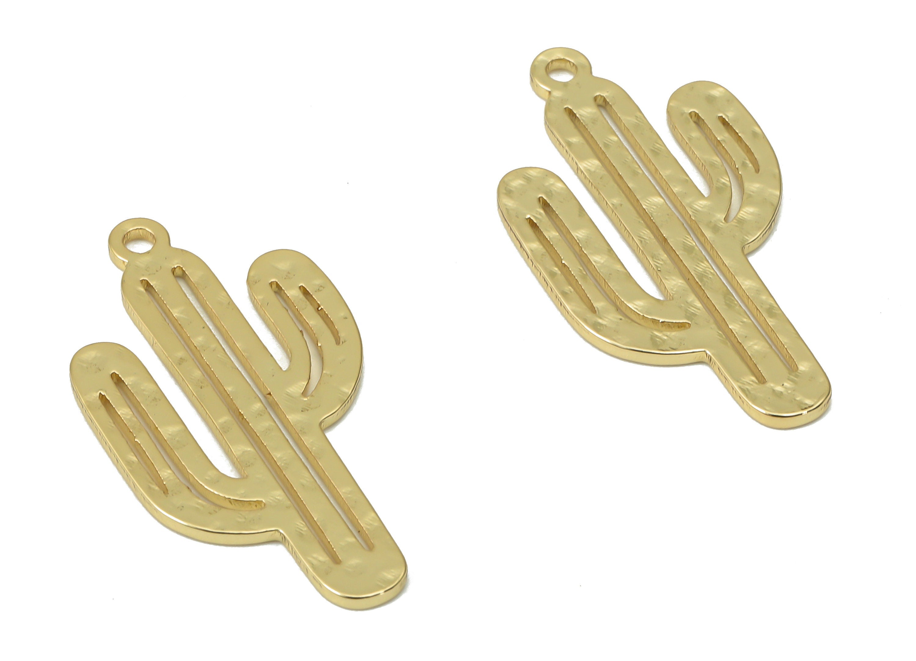 Brass Hammered Cactus Earring Charms - Gold Cactus Pendant - 18K Real Gold Plated Brass - Jewelry Supplies - 25.12x13.23x0.78mm - RGP4536 - DOMEDBAZAAR