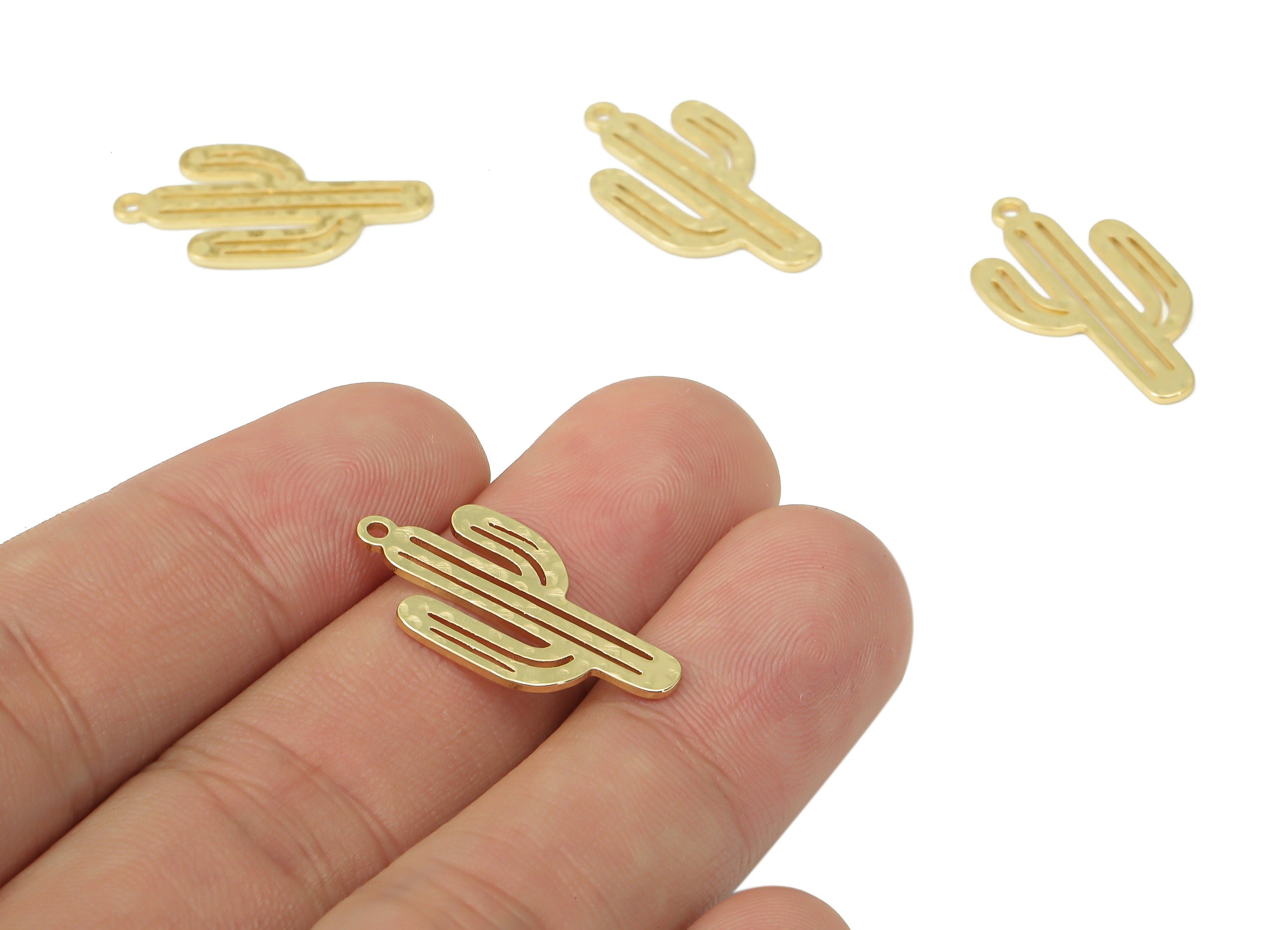 Brass Hammered Cactus Earring Charms - Gold Cactus Pendant - 18K Real Gold Plated Brass - Jewelry Supplies - 25.12x13.23x0.78mm - RGP4536 - DOMEDBAZAAR