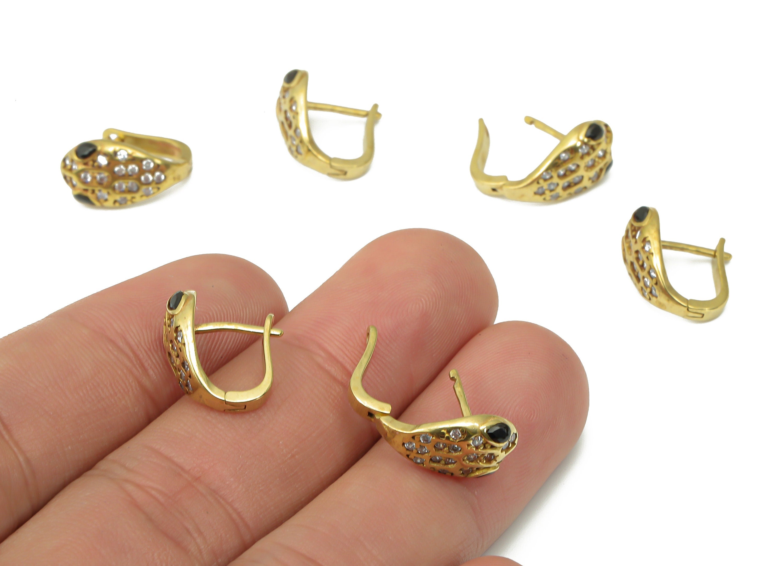 Brass Snake Huggie – Raw Brass Dainty Snake Zircon Stud Earrings – Earring with Open Ring – Earring Supply - 15.5x12.58x2.28mm - PP7368 - DOMEDBAZAAR
