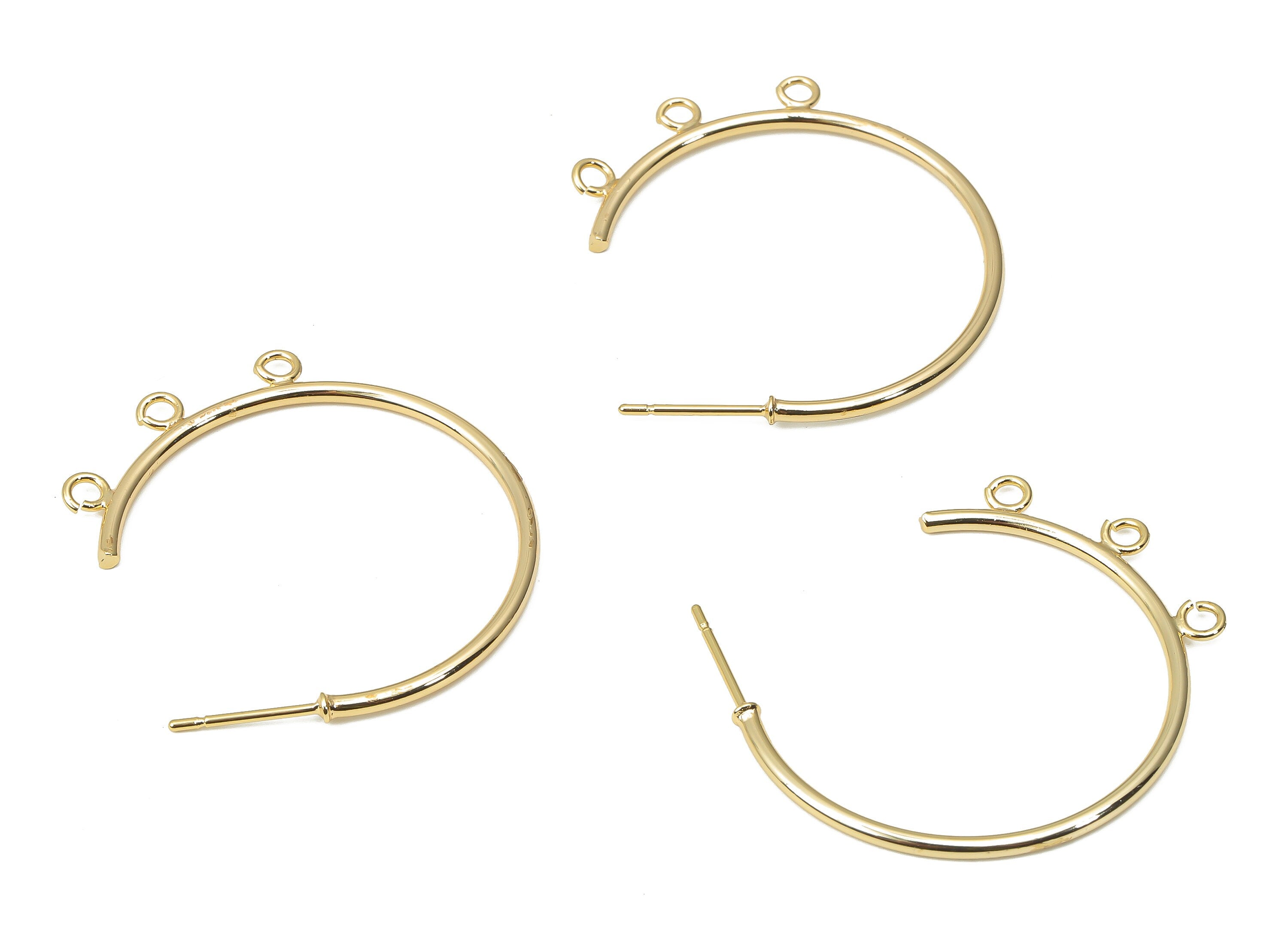 Brass C Open Hoop Earring Stud with 3 Loops - Gold C Hoop Post - Stainless Steel Stud - 18k Real Gold Plated Brass - 33.97x27x2mm - RGP4496 - DOMEDBAZAAR